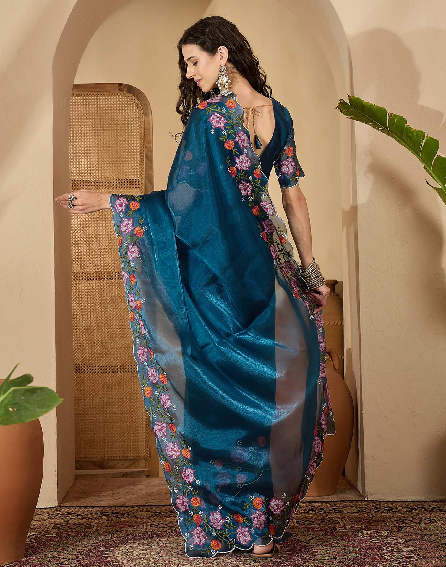 Peacock Blue Shimmer Embroidery Saree