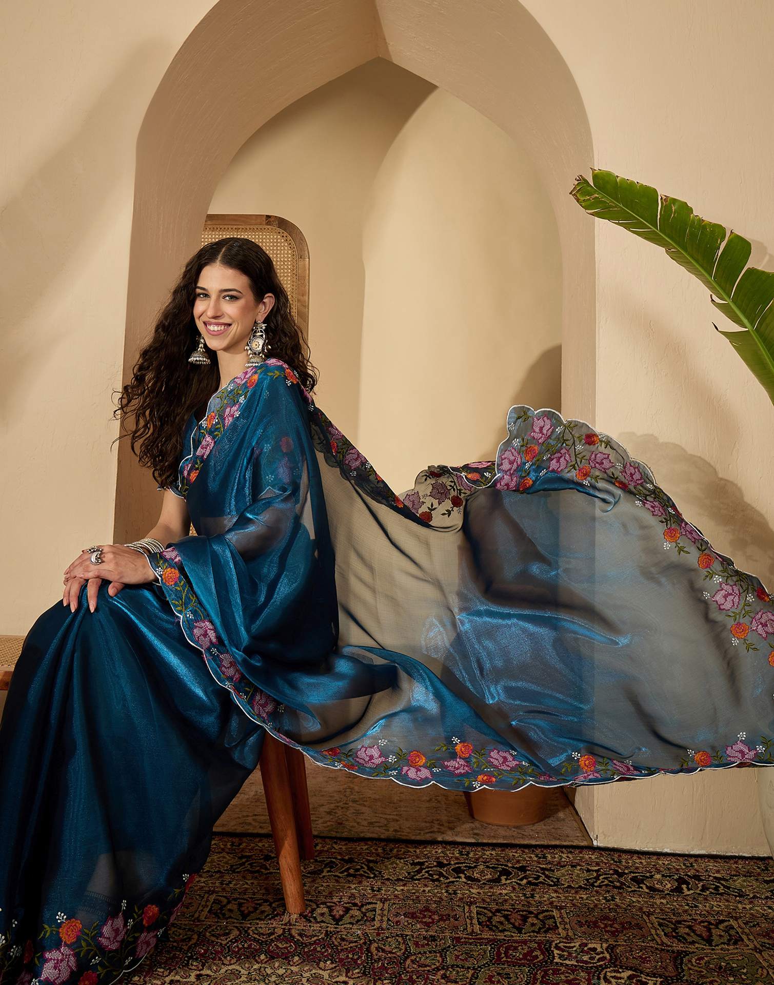 Peacock Blue Shimmer Embroidery Saree