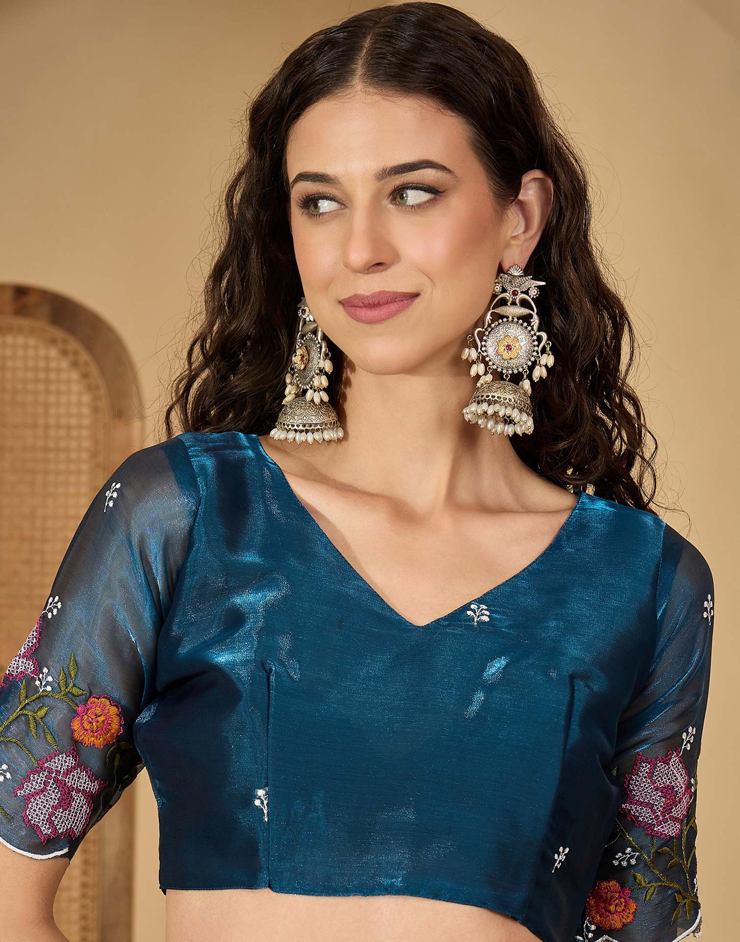 Peacock Blue Shimmer Embroidery Saree