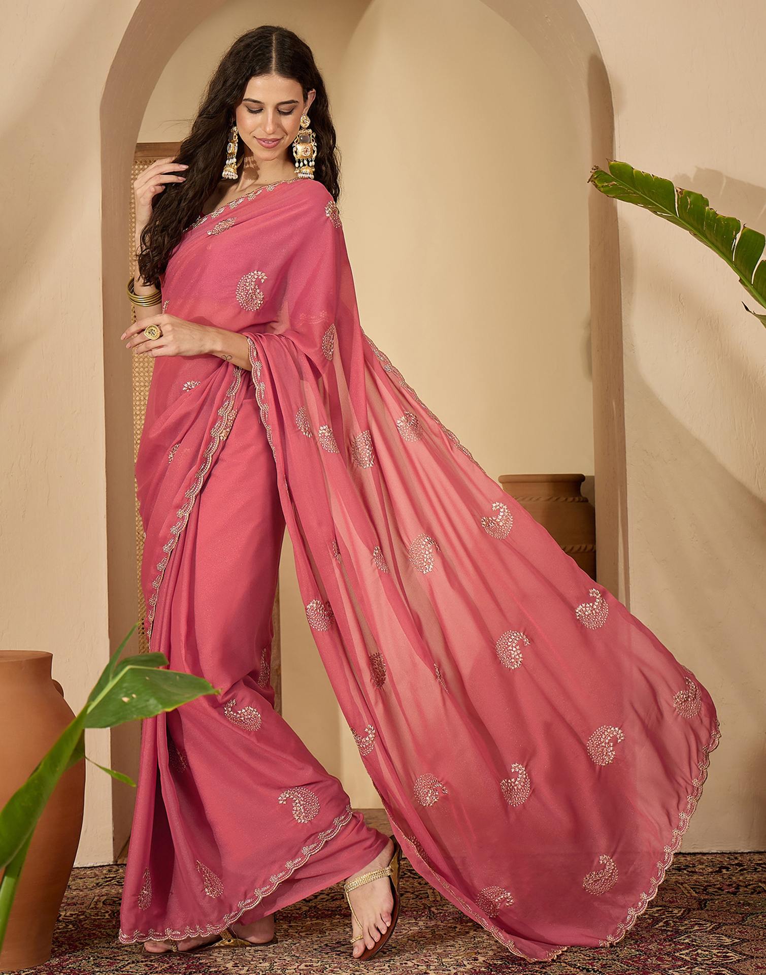 Coral Pink Shimmer Embroidery Saree