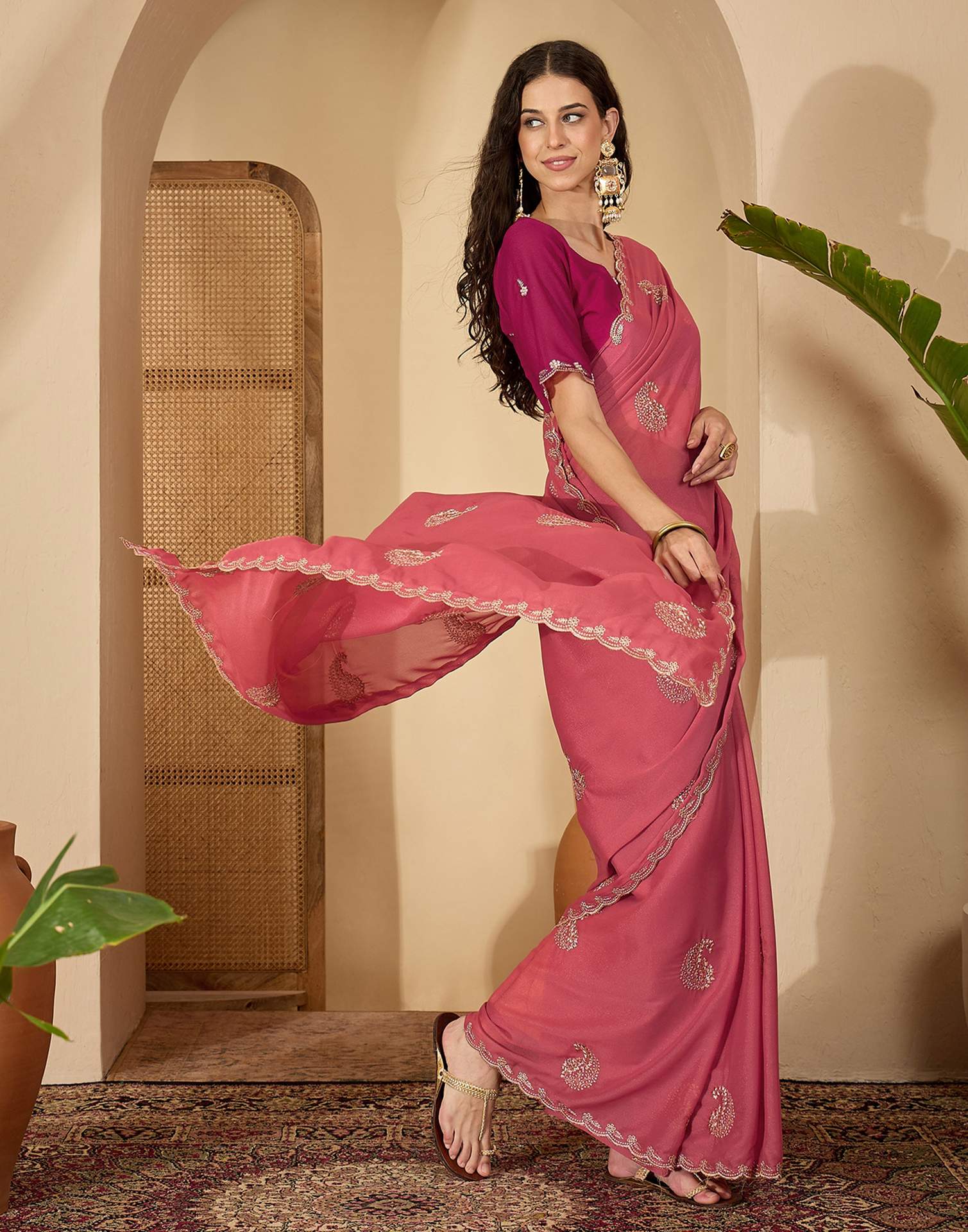 Coral Pink Shimmer Embroidery Saree