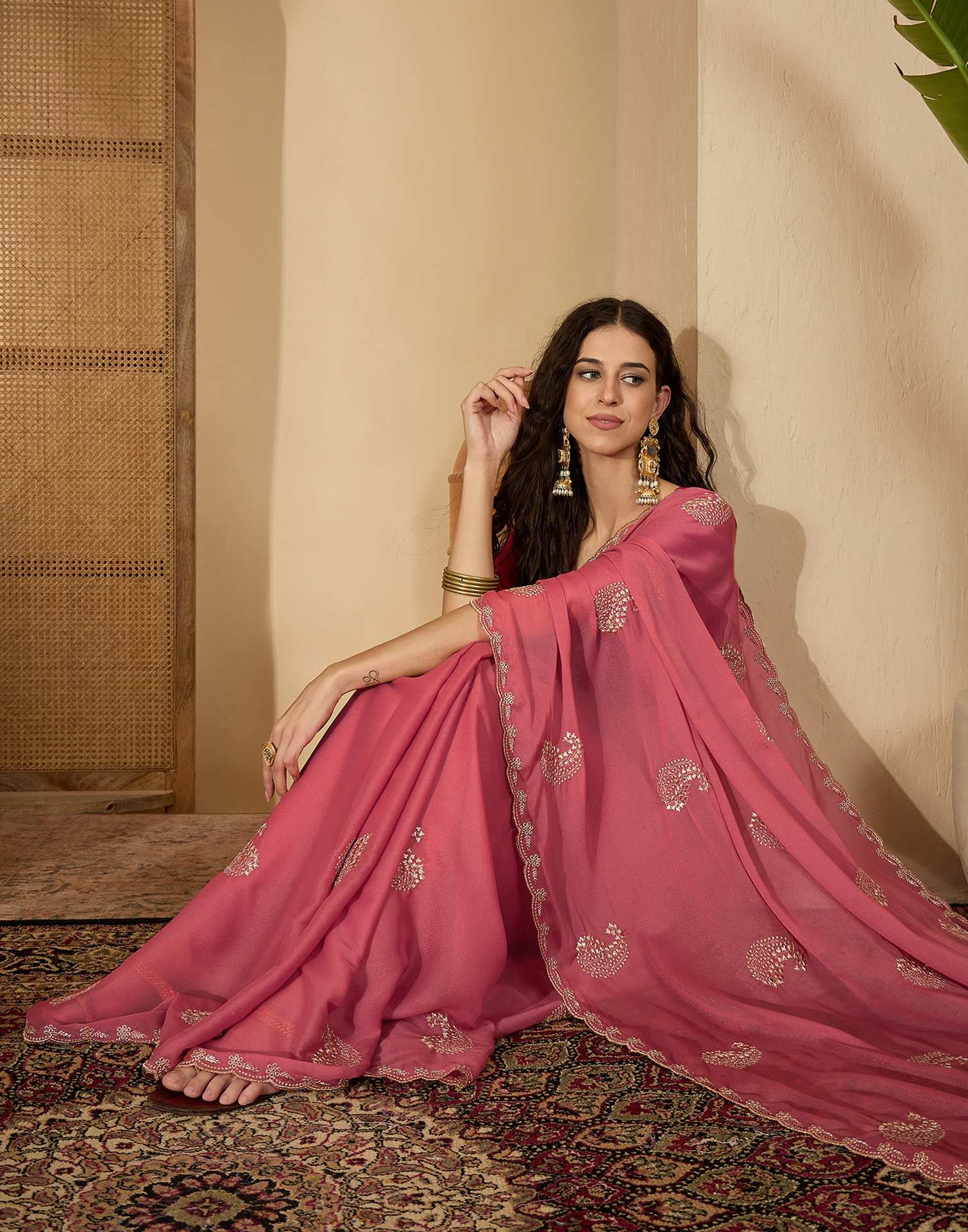 Coral Pink Shimmer Embroidery Saree