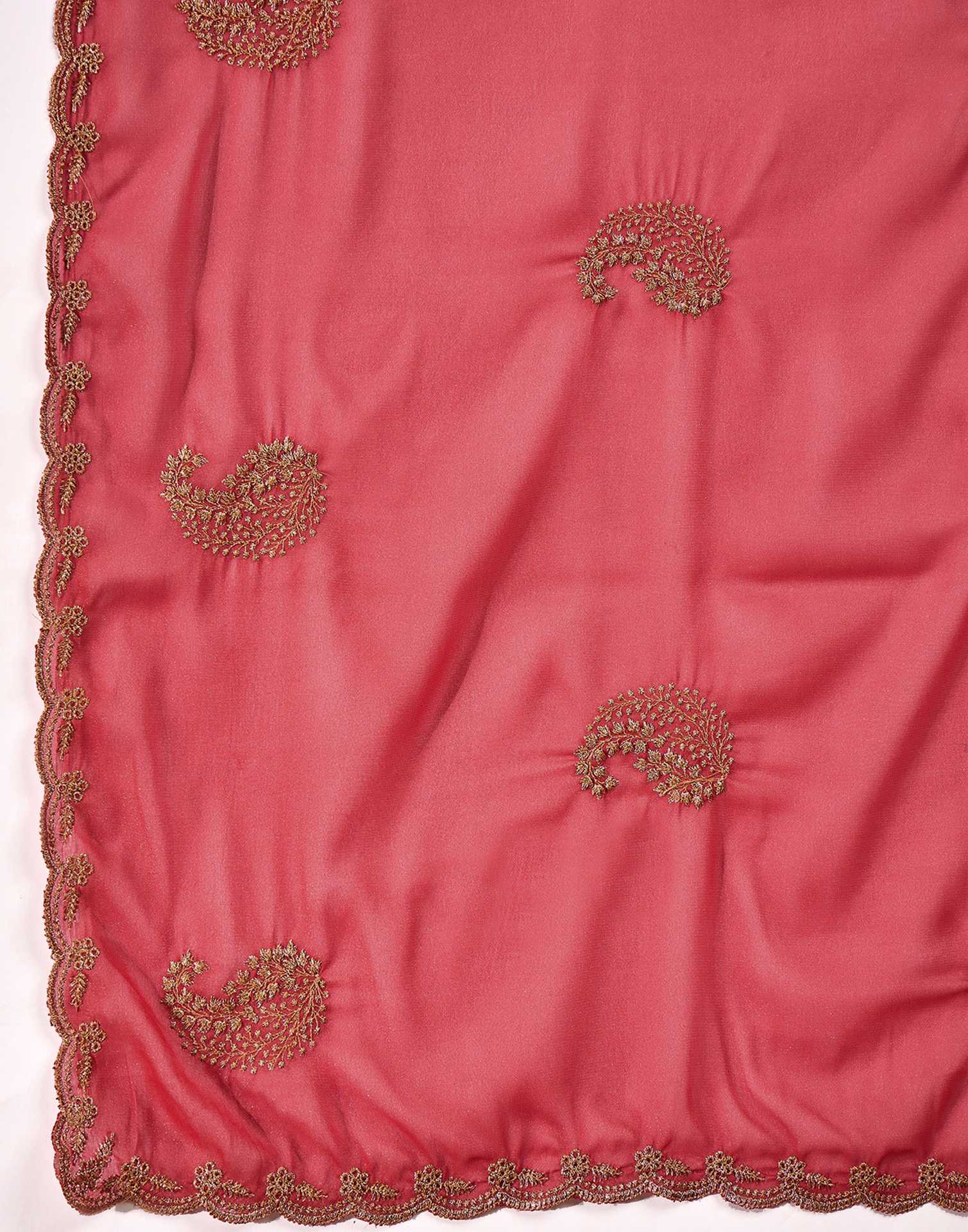 Coral Pink Shimmer Embroidery Saree