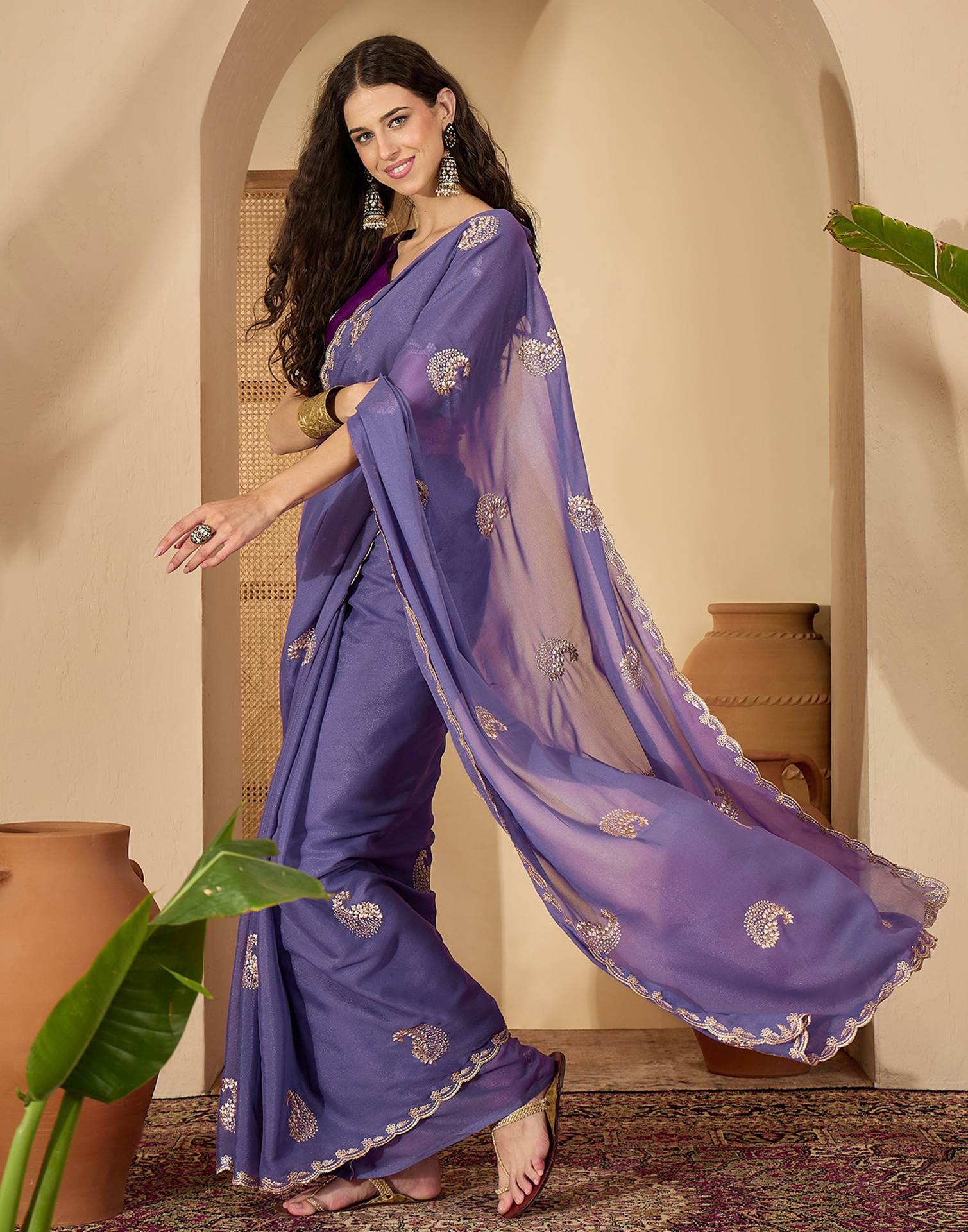 Lavender Shimmer Embroidery Saree
