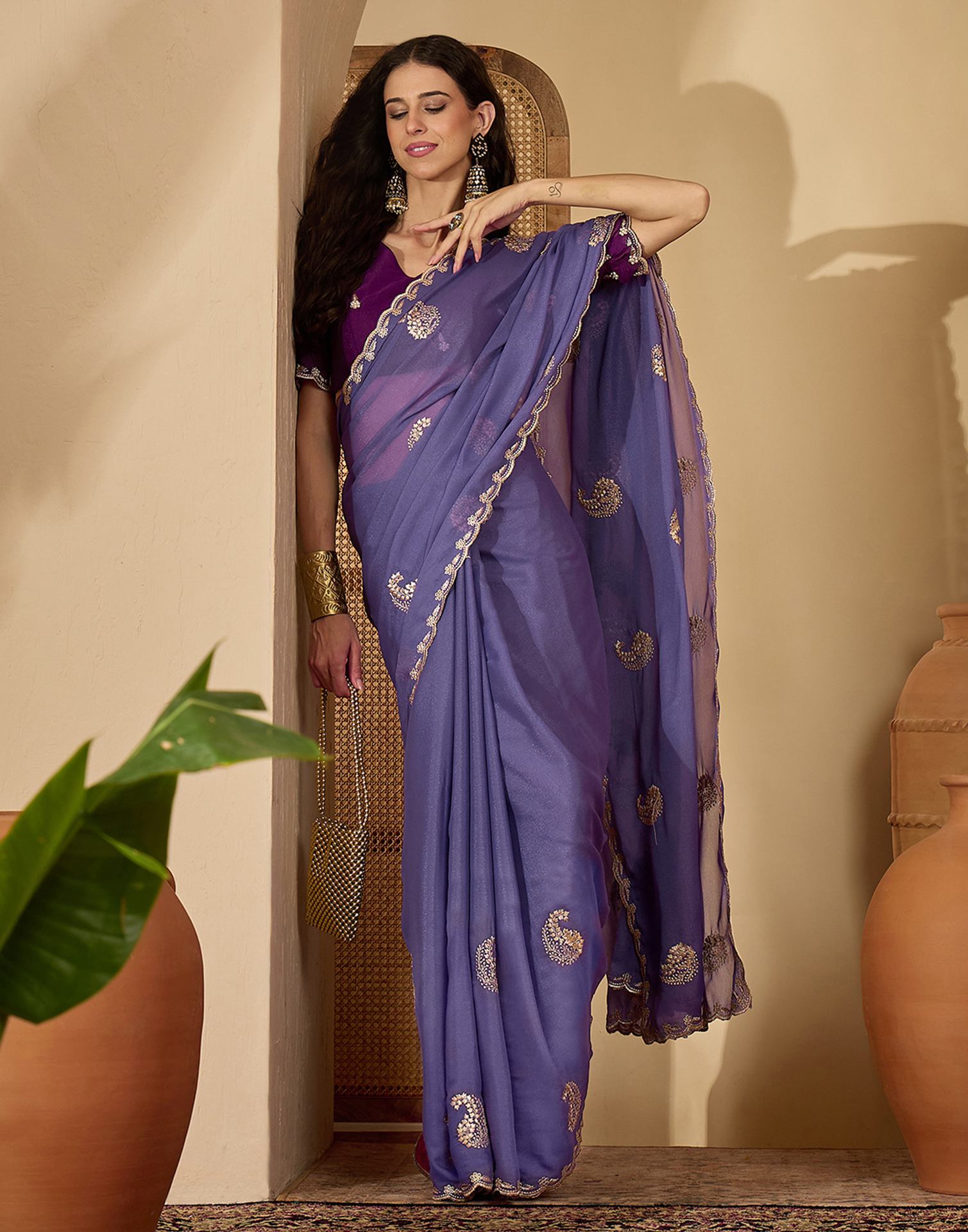 Lavender Shimmer Embroidery Saree