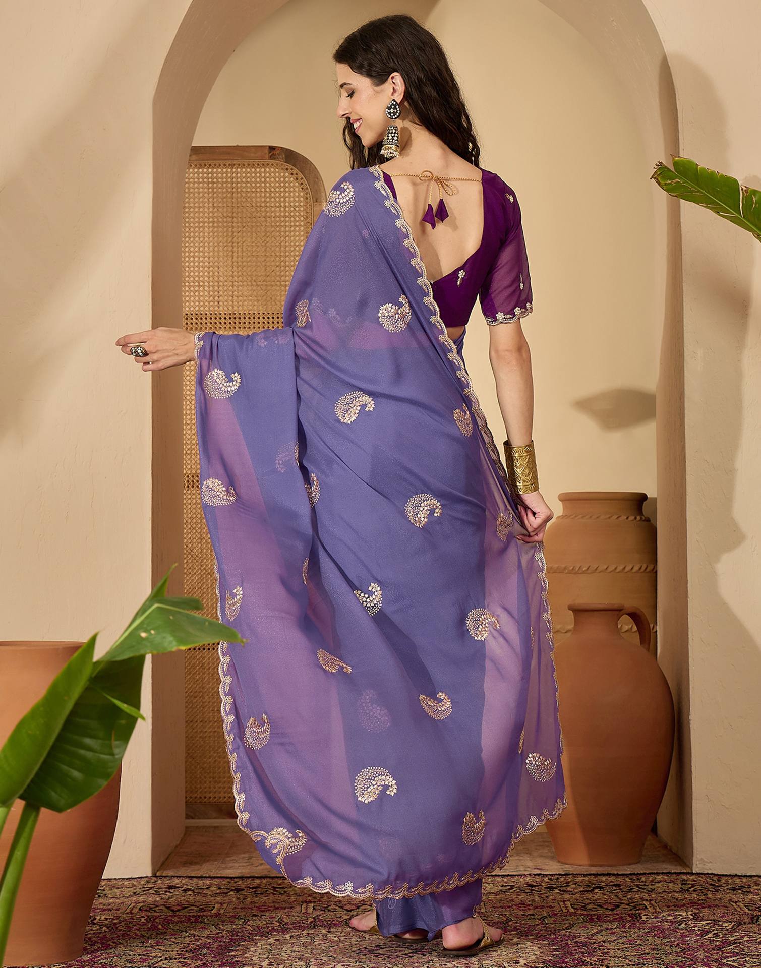 Lavender Shimmer Embroidery Saree