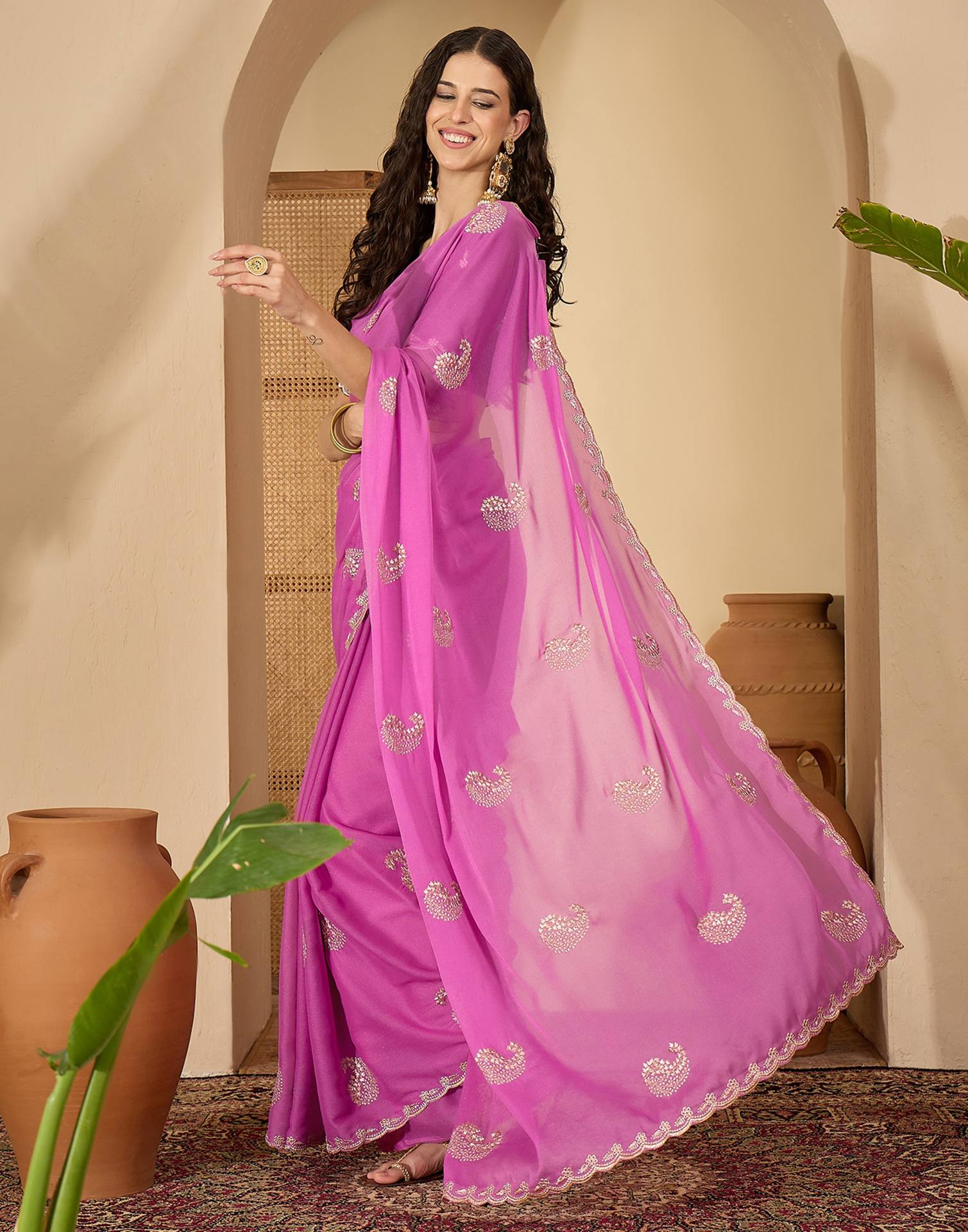 Dusty Pink Shimmer Embroidery Saree