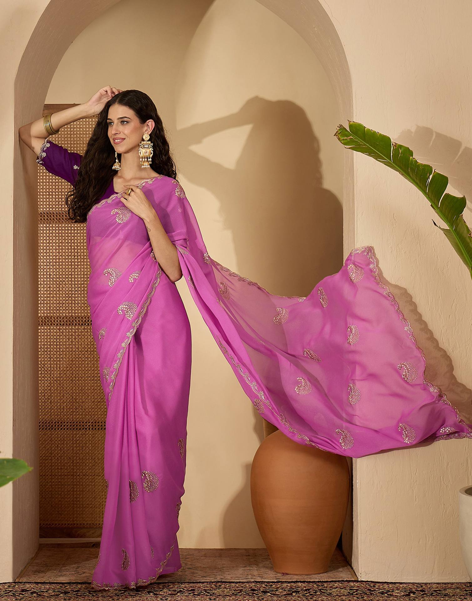 Dusty Pink Shimmer Embroidery Saree