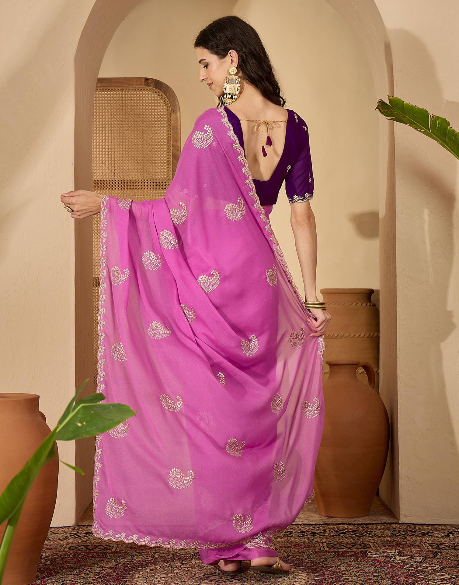 Dusty Pink Shimmer Embroidery Saree