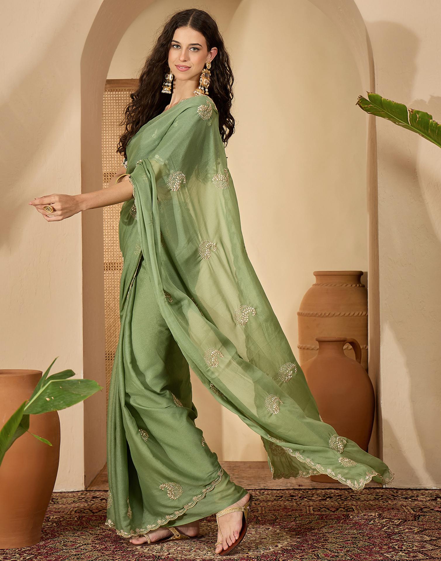 Pista Green Shimmer Embroidery Saree