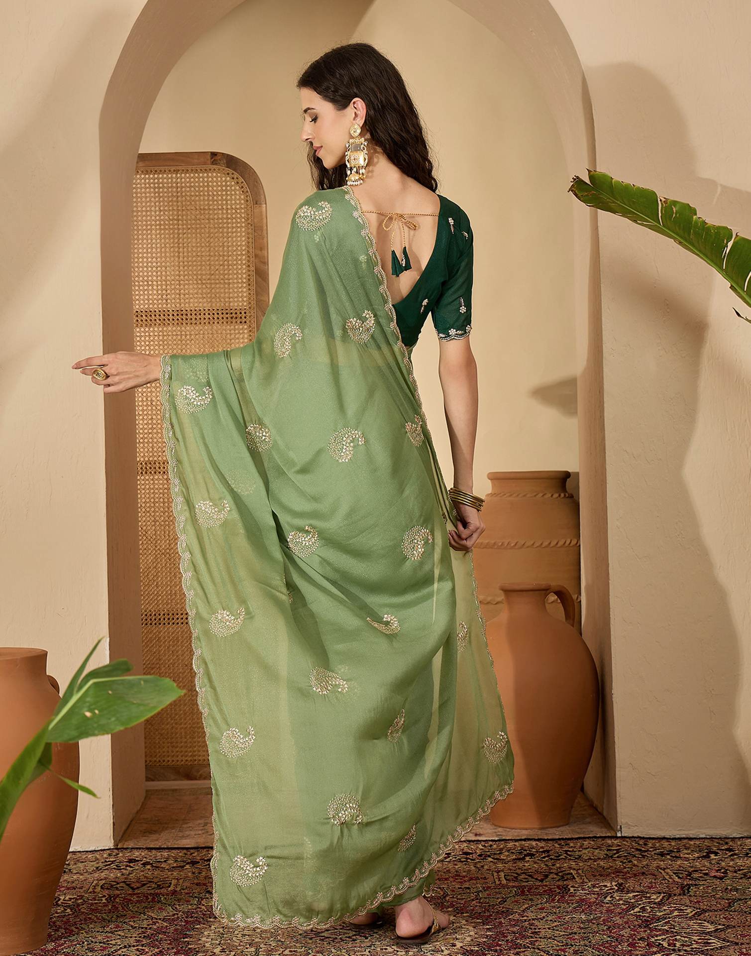 Pista Green Shimmer Embroidery Saree