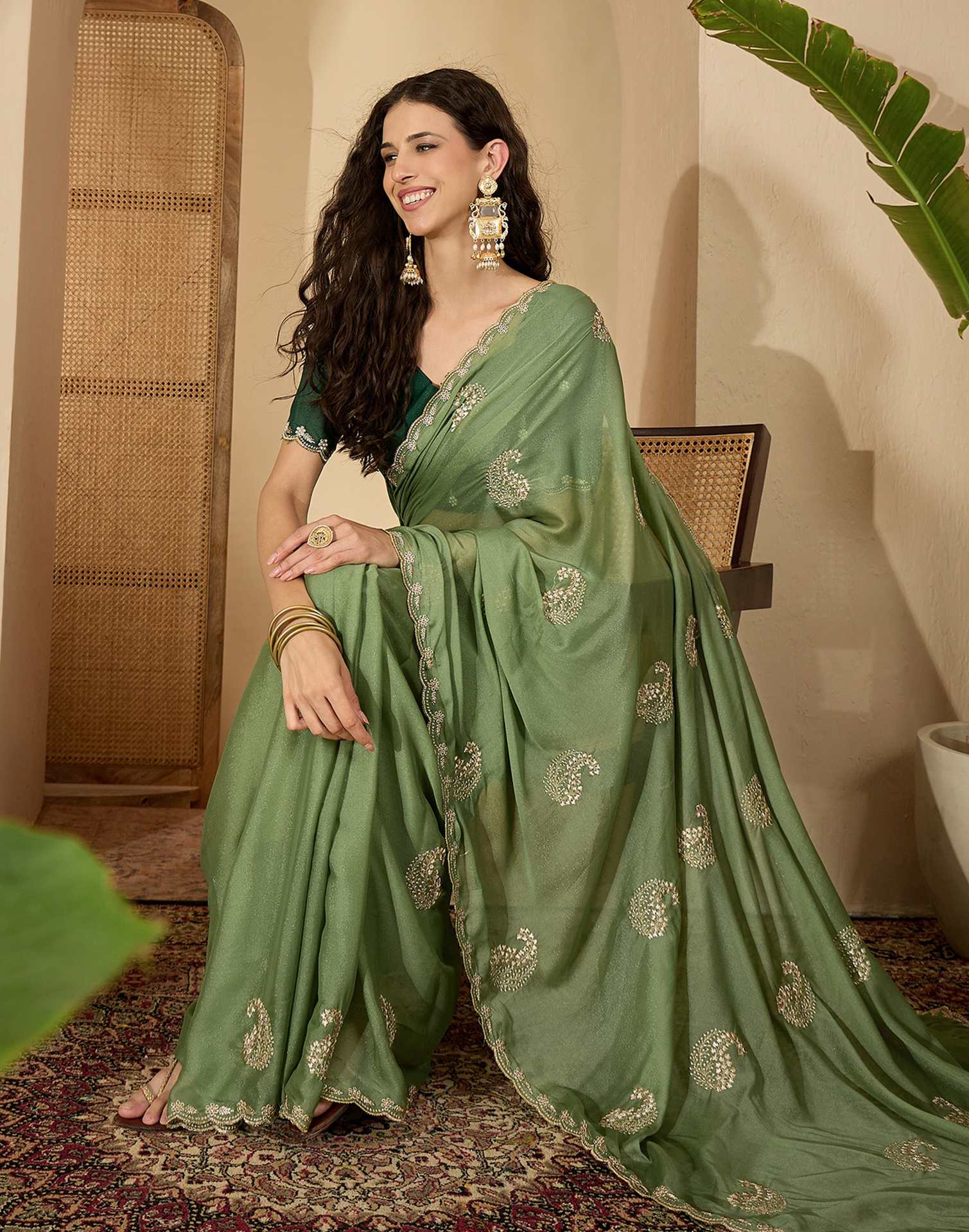 Pista Green Shimmer Embroidery Saree