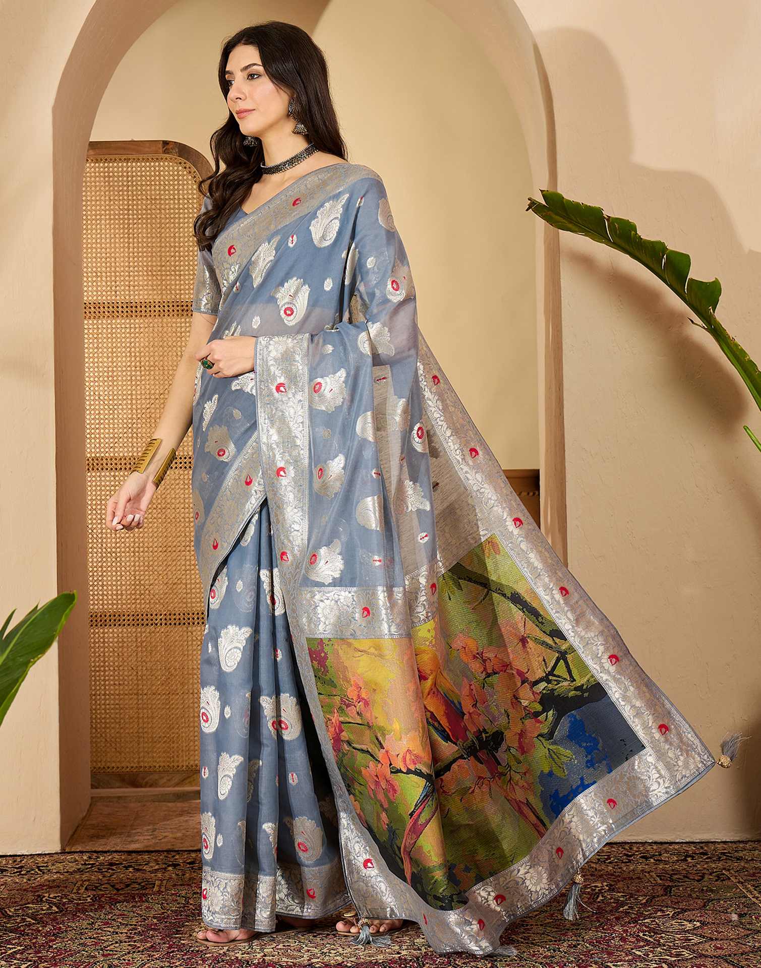 Grey Chanderi Woven Banarasi Saree