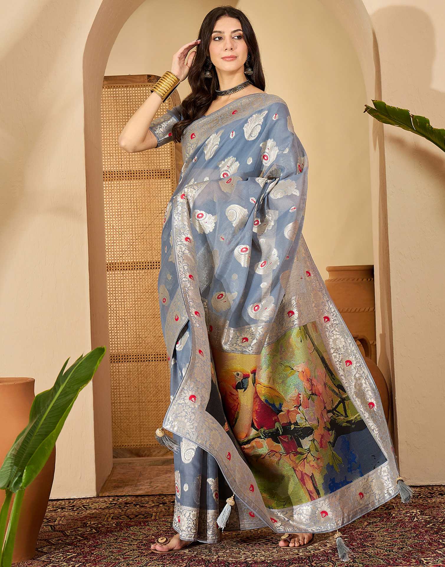 Grey Chanderi Woven Banarasi Saree