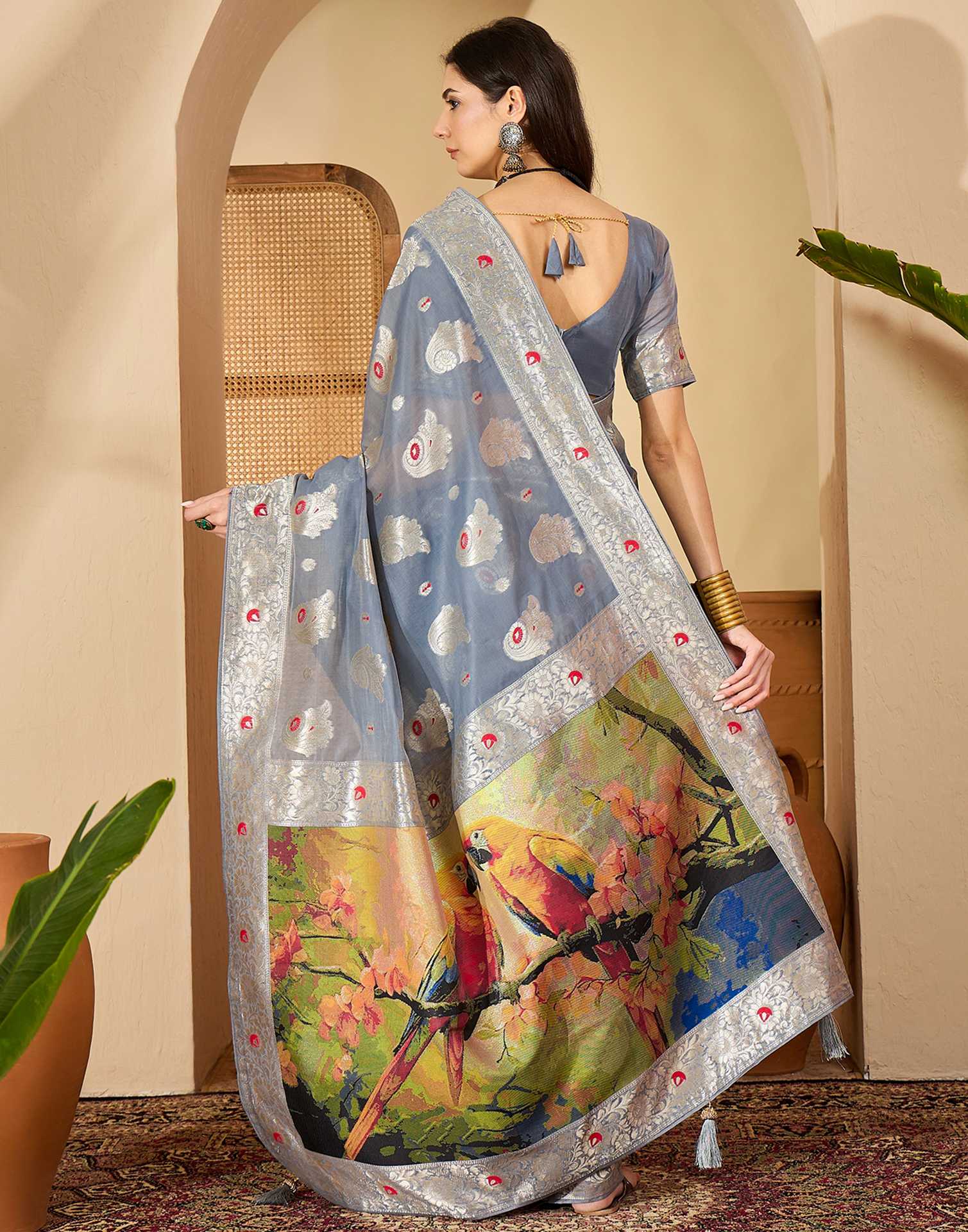 Grey Chanderi Woven Banarasi Saree