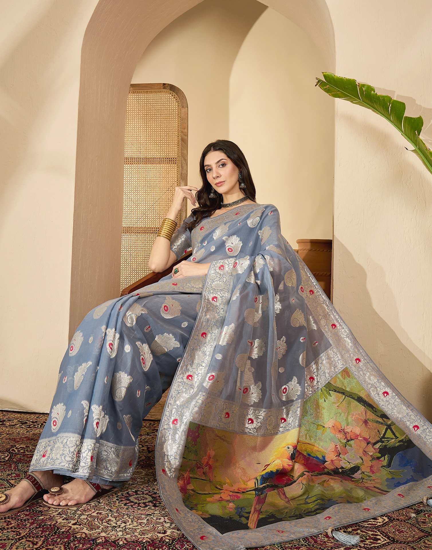 Grey Chanderi Woven Banarasi Saree