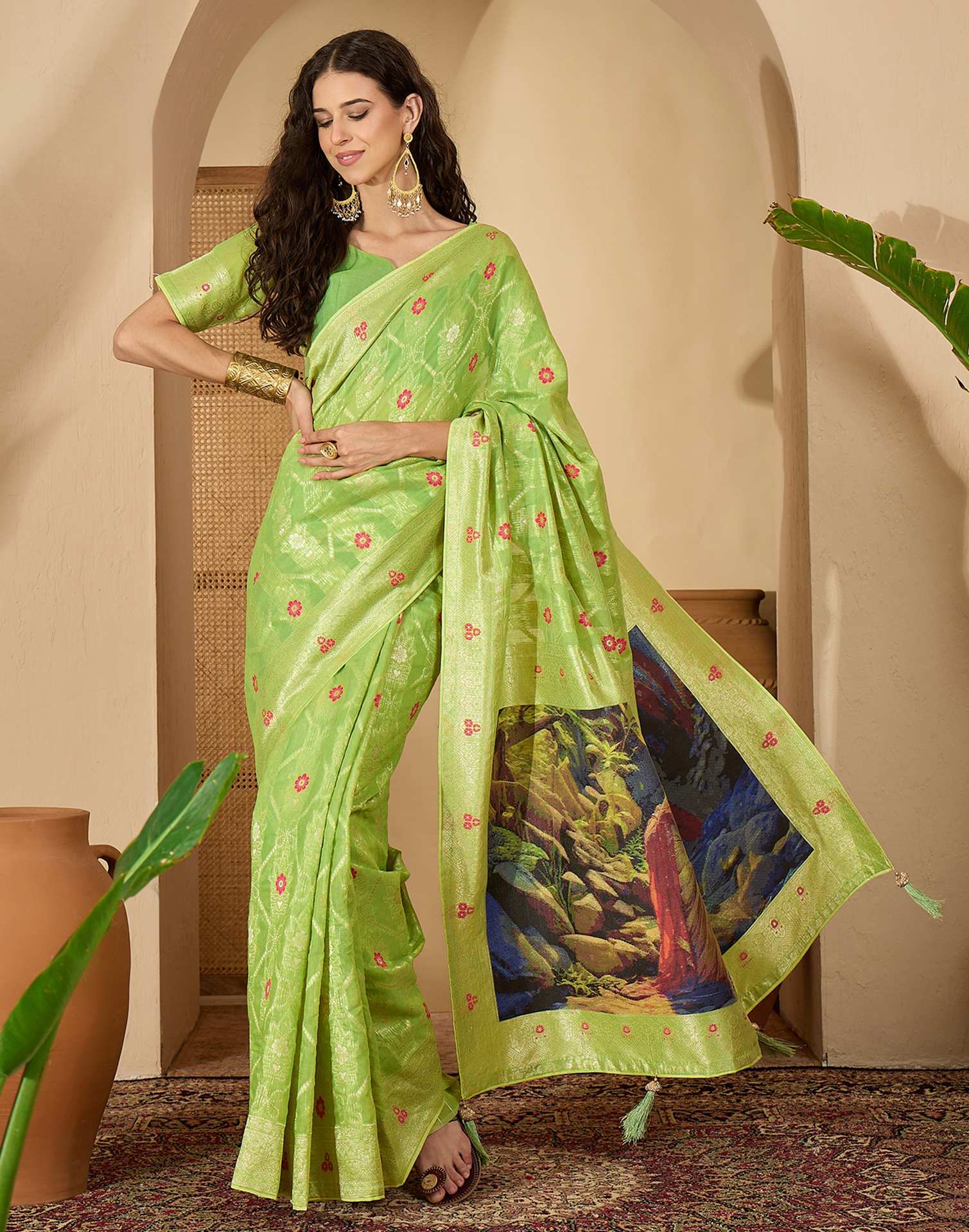Parrot Green Chanderi Woven Banarasi Saree