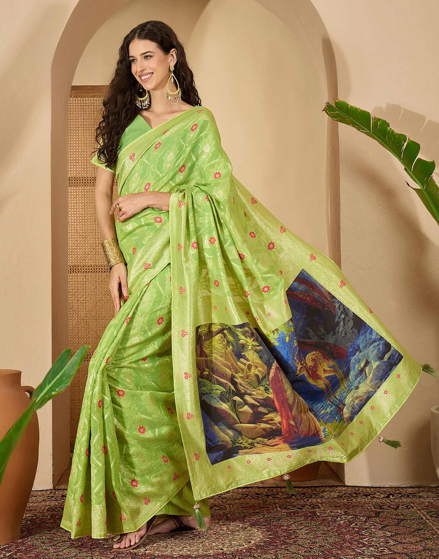 Parrot Green Chanderi Woven Banarasi Saree
