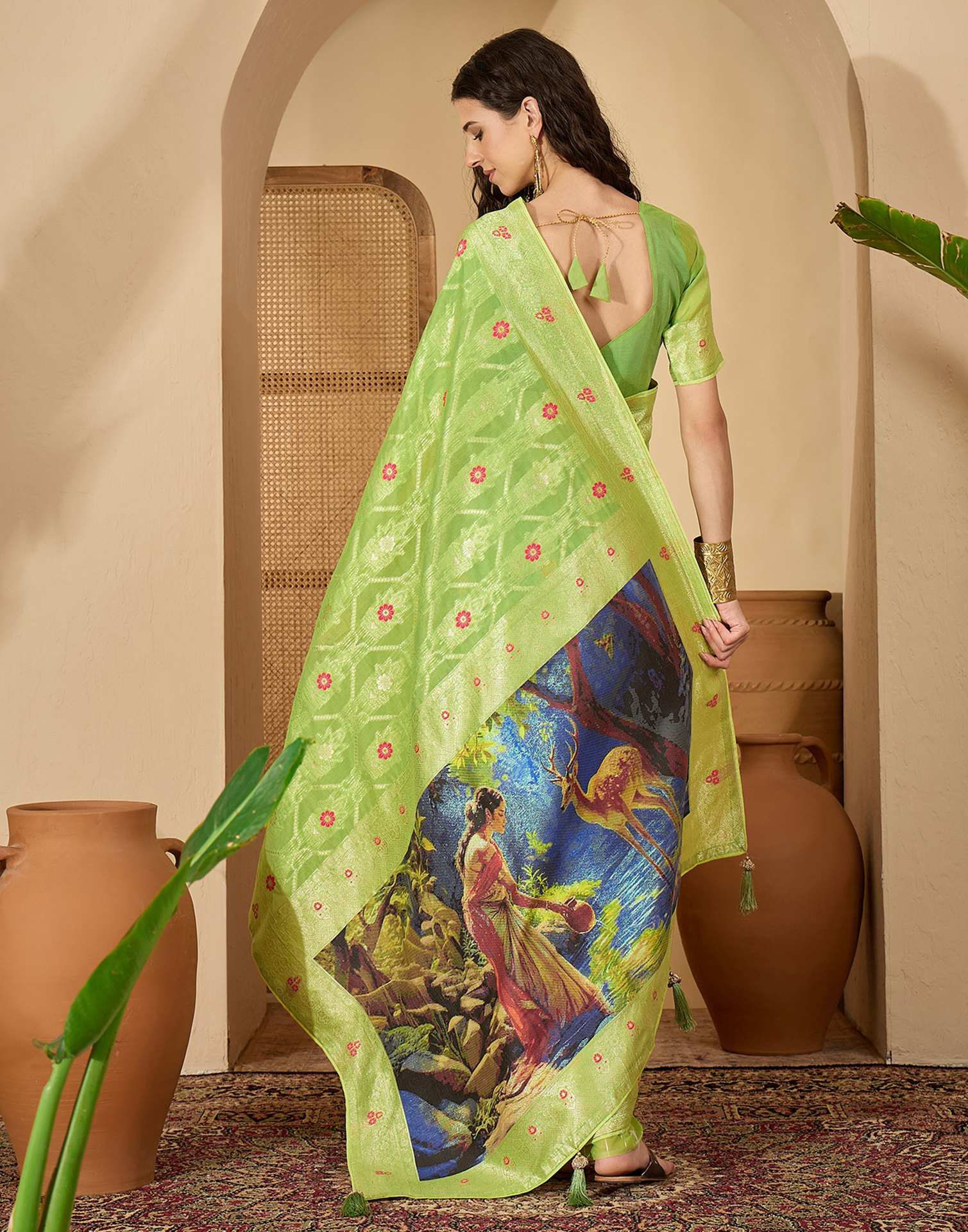 Parrot Green Chanderi Woven Banarasi Saree