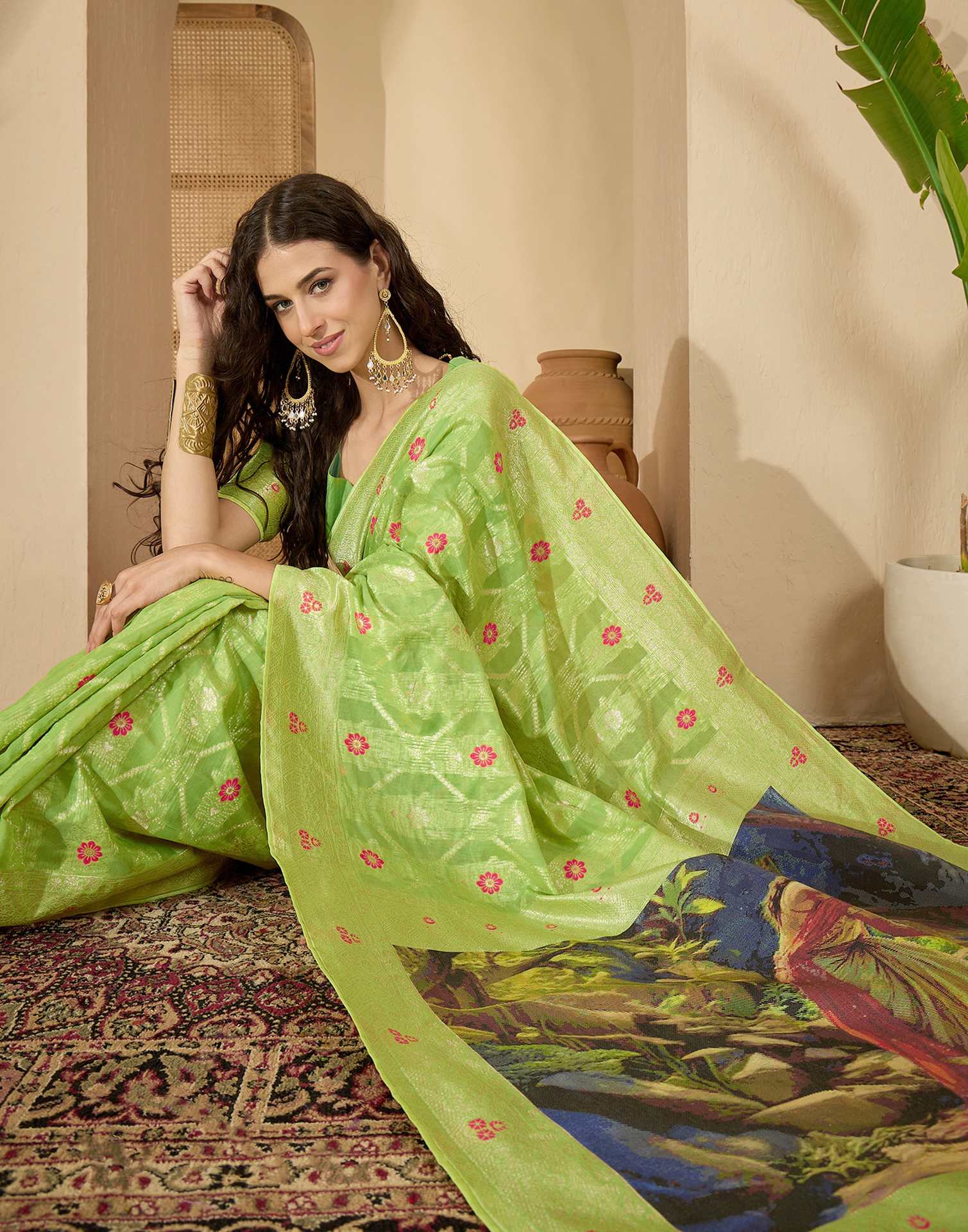 Parrot Green Chanderi Woven Banarasi Saree