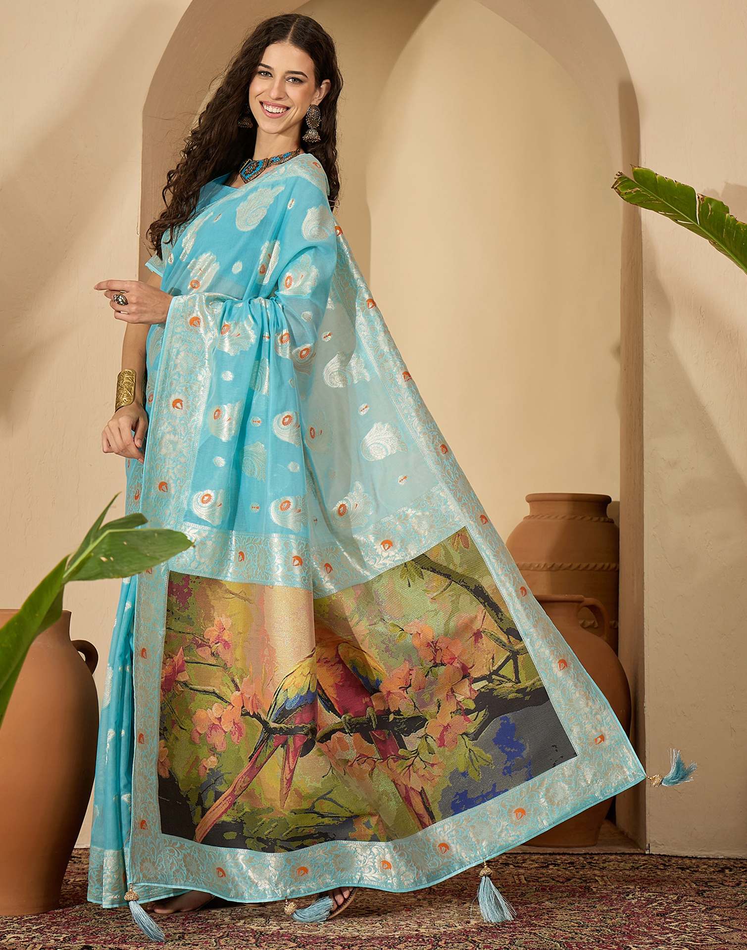 Sky Blue Chanderi Woven Banarasi Saree