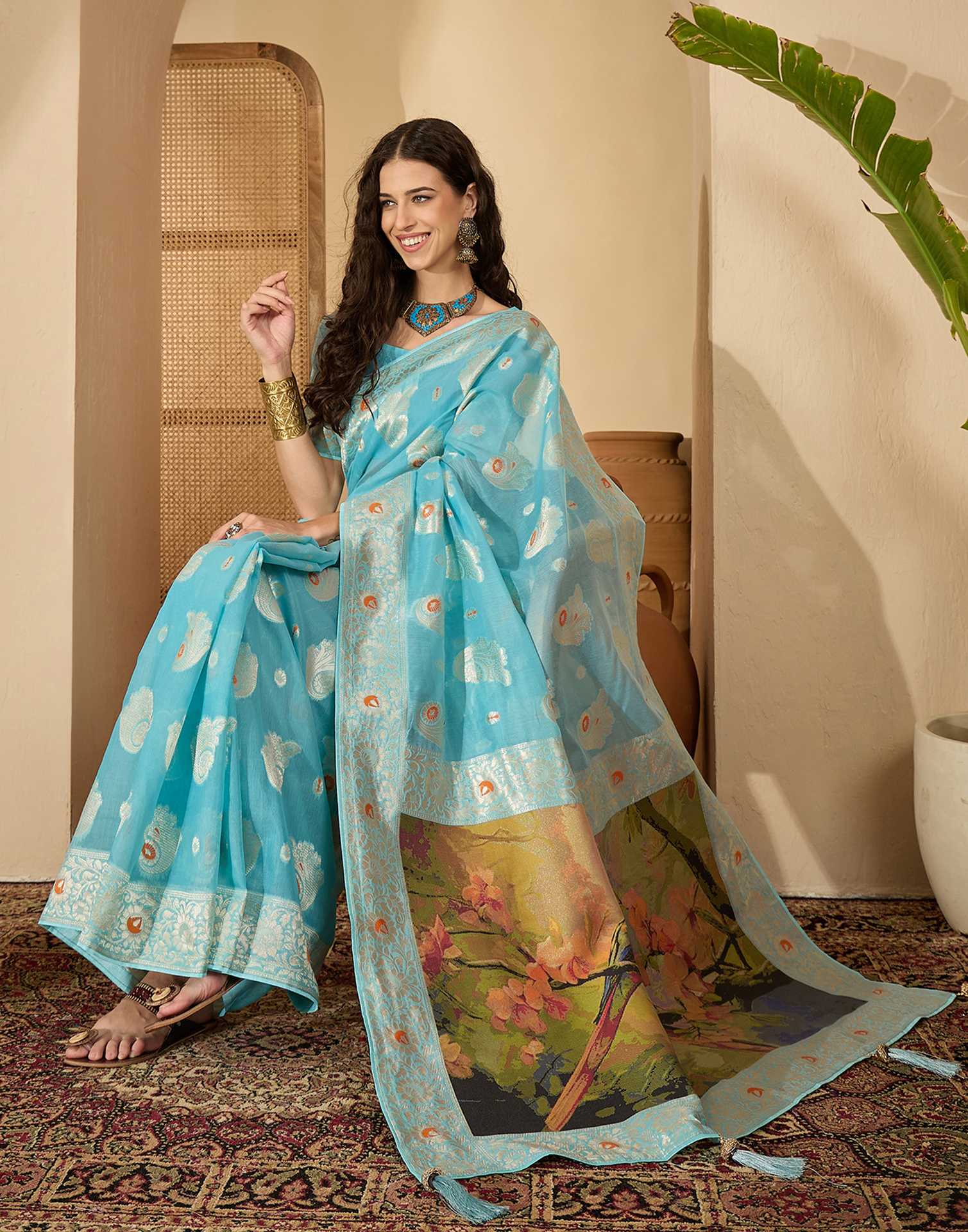 Sky Blue Chanderi Woven Banarasi Saree