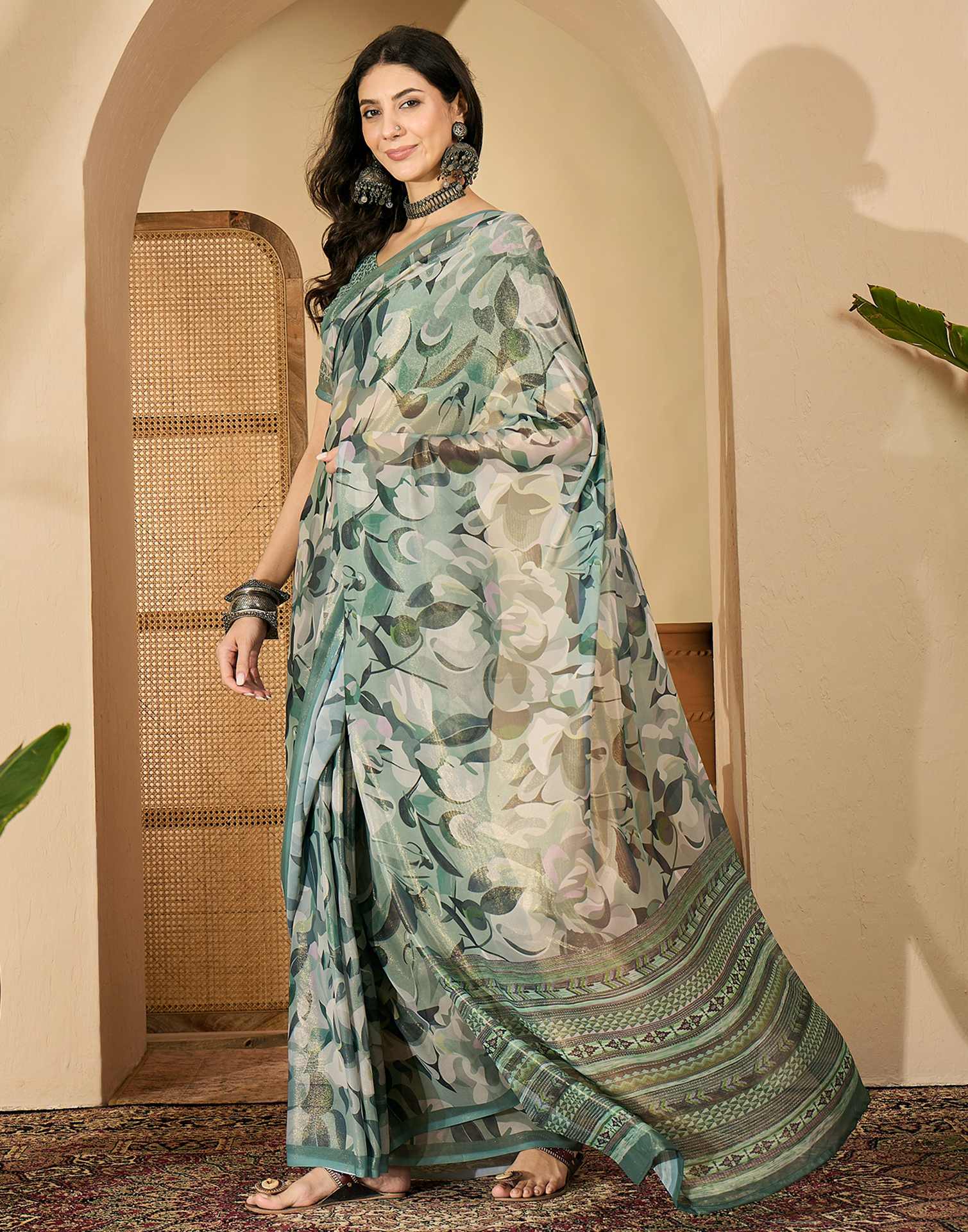 Dusty Green Georgette Printed Saree