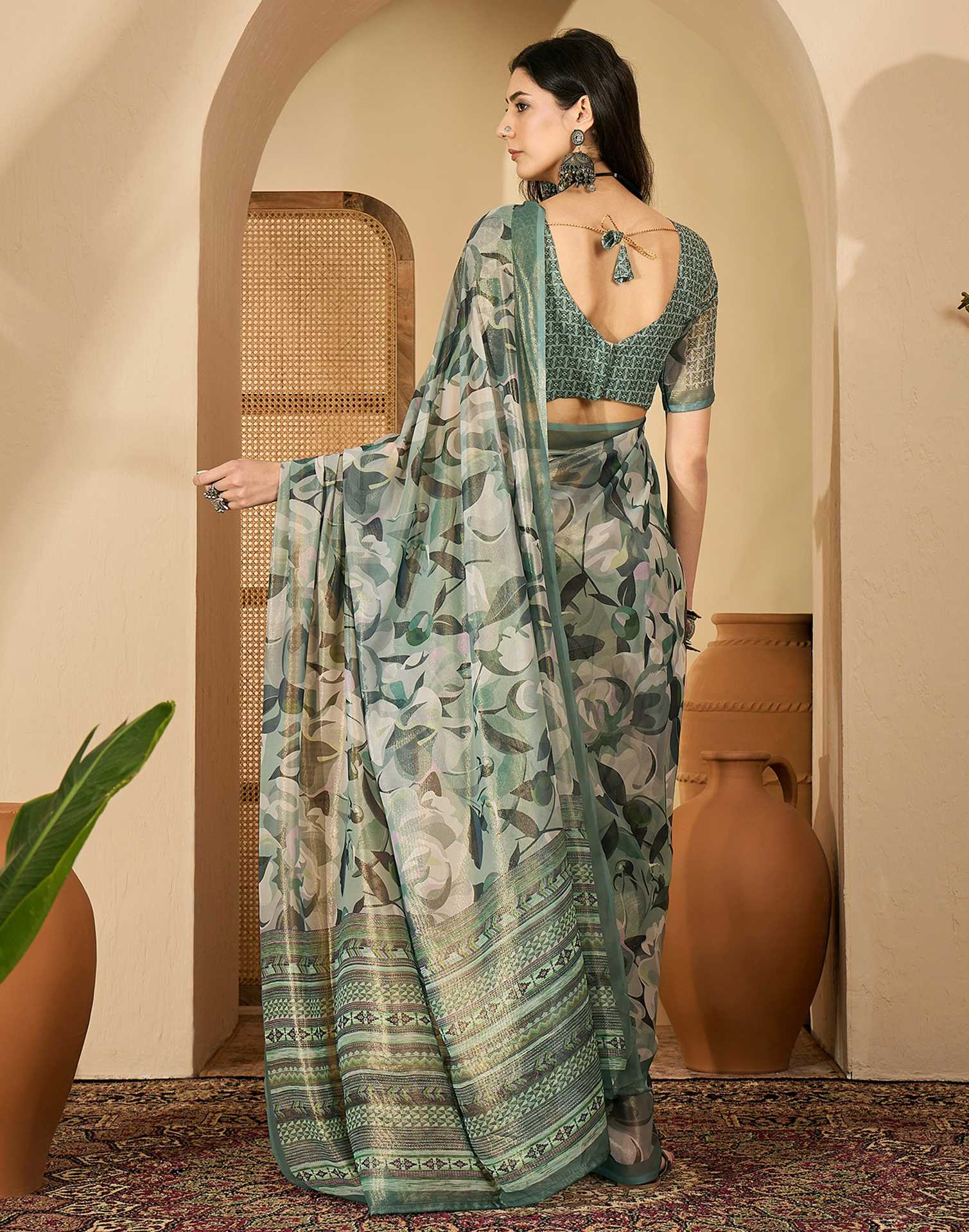 Dusty Green Georgette Printed Saree