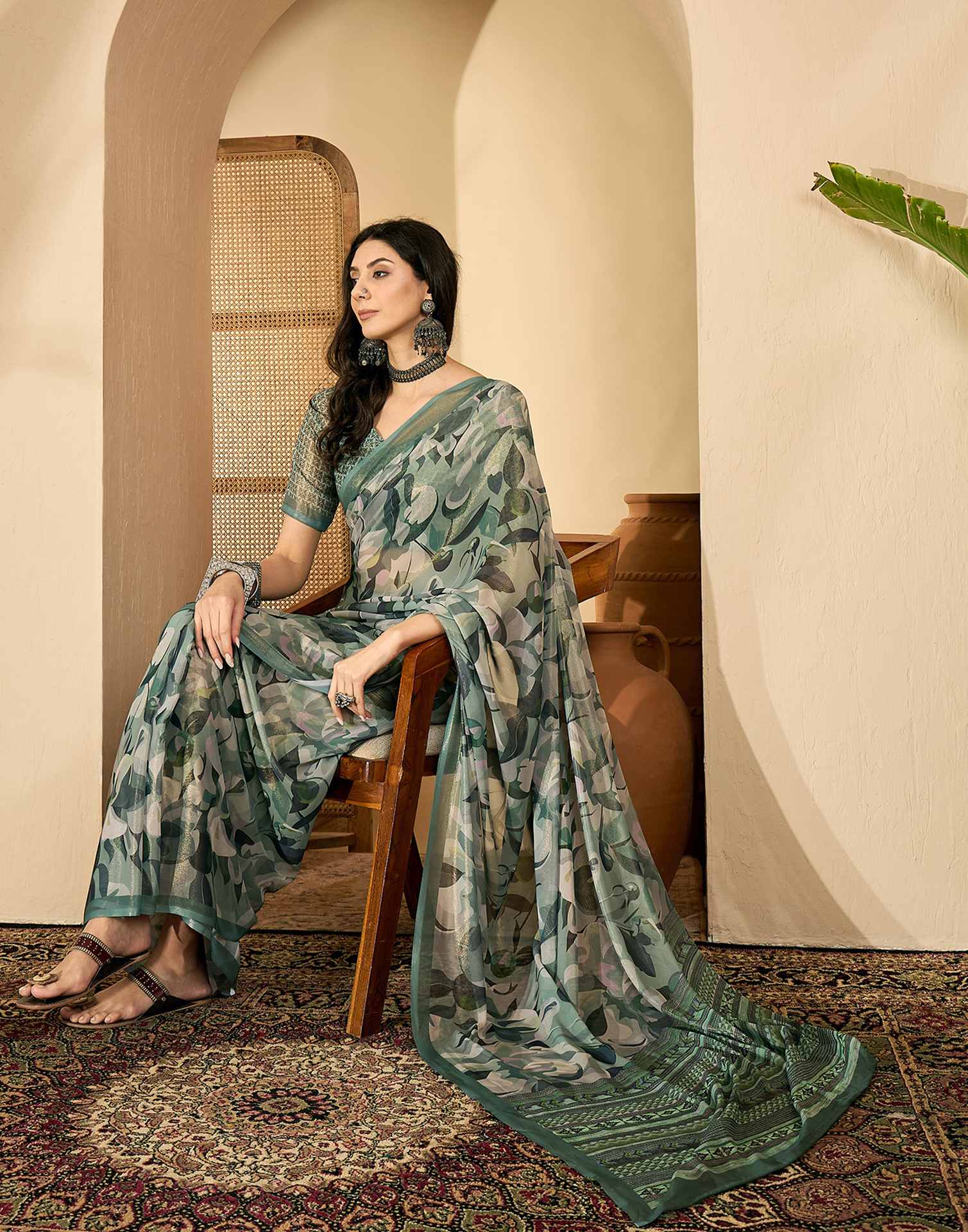 Dusty Green Georgette Printed Saree