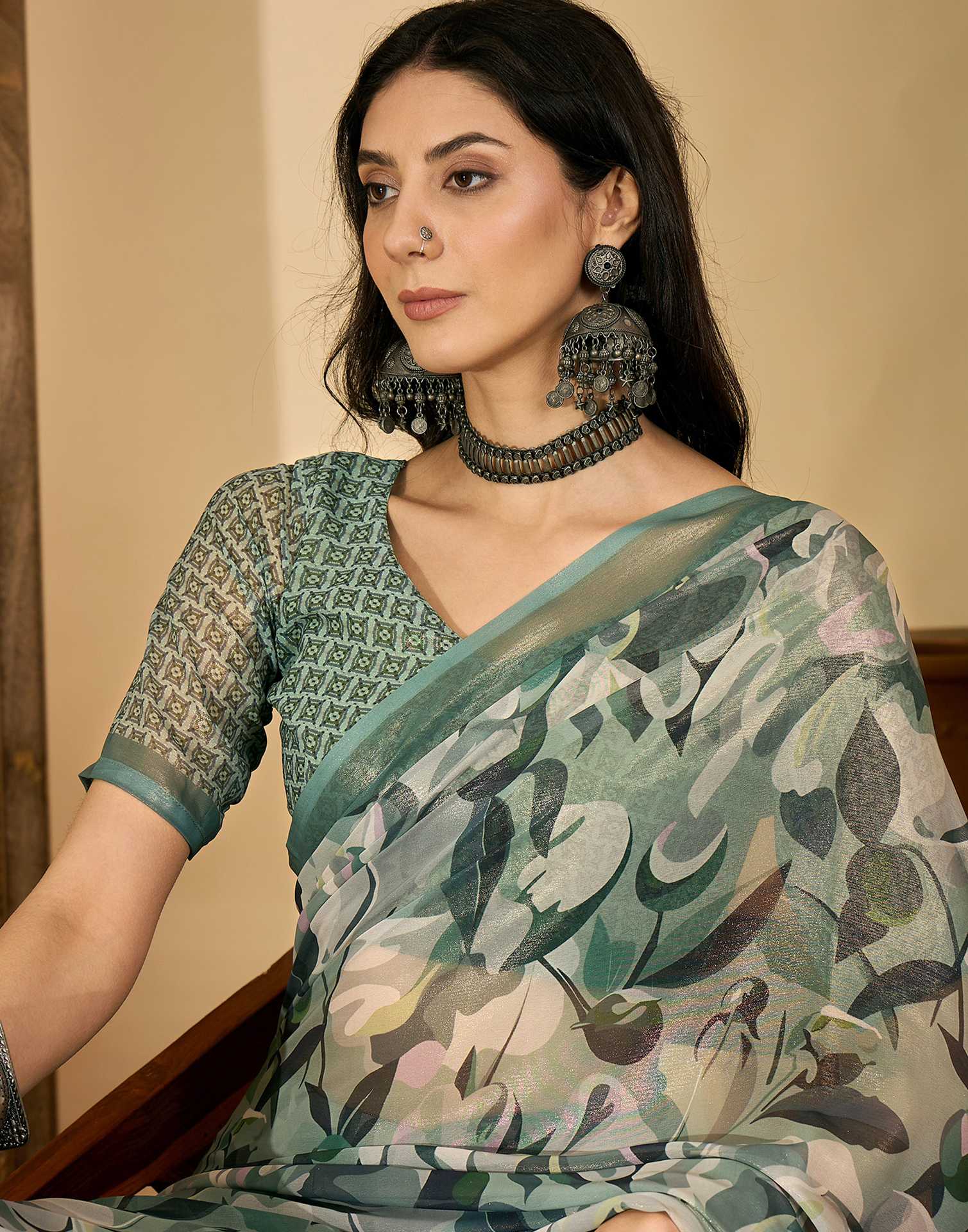 Dusty Green Georgette Printed Saree