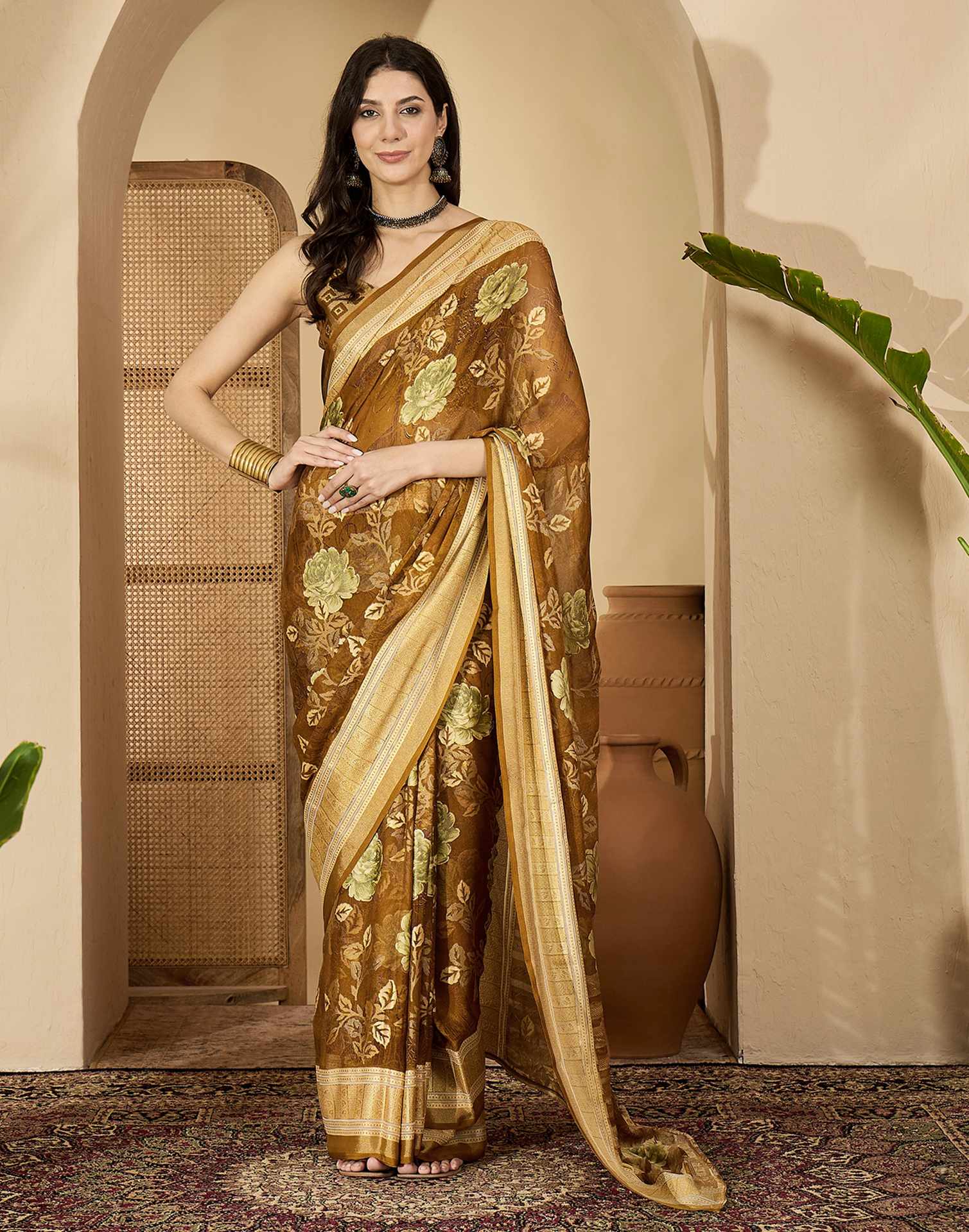 Brown Georgette Floral Printed Saree