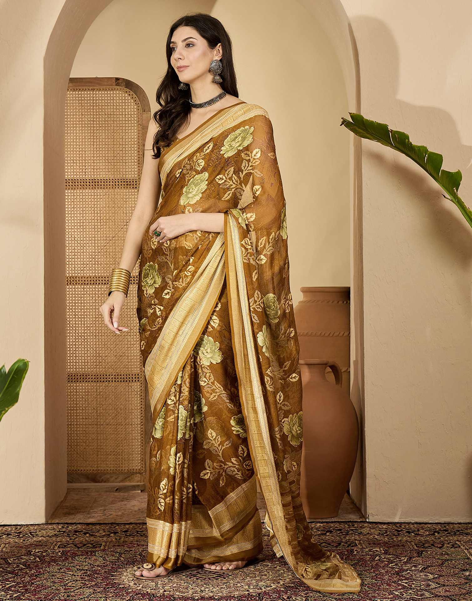 Brown Georgette Floral Printed Saree