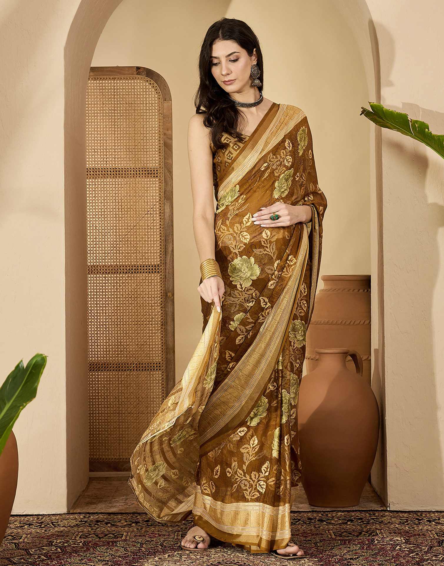 Brown Georgette Floral Printed Saree