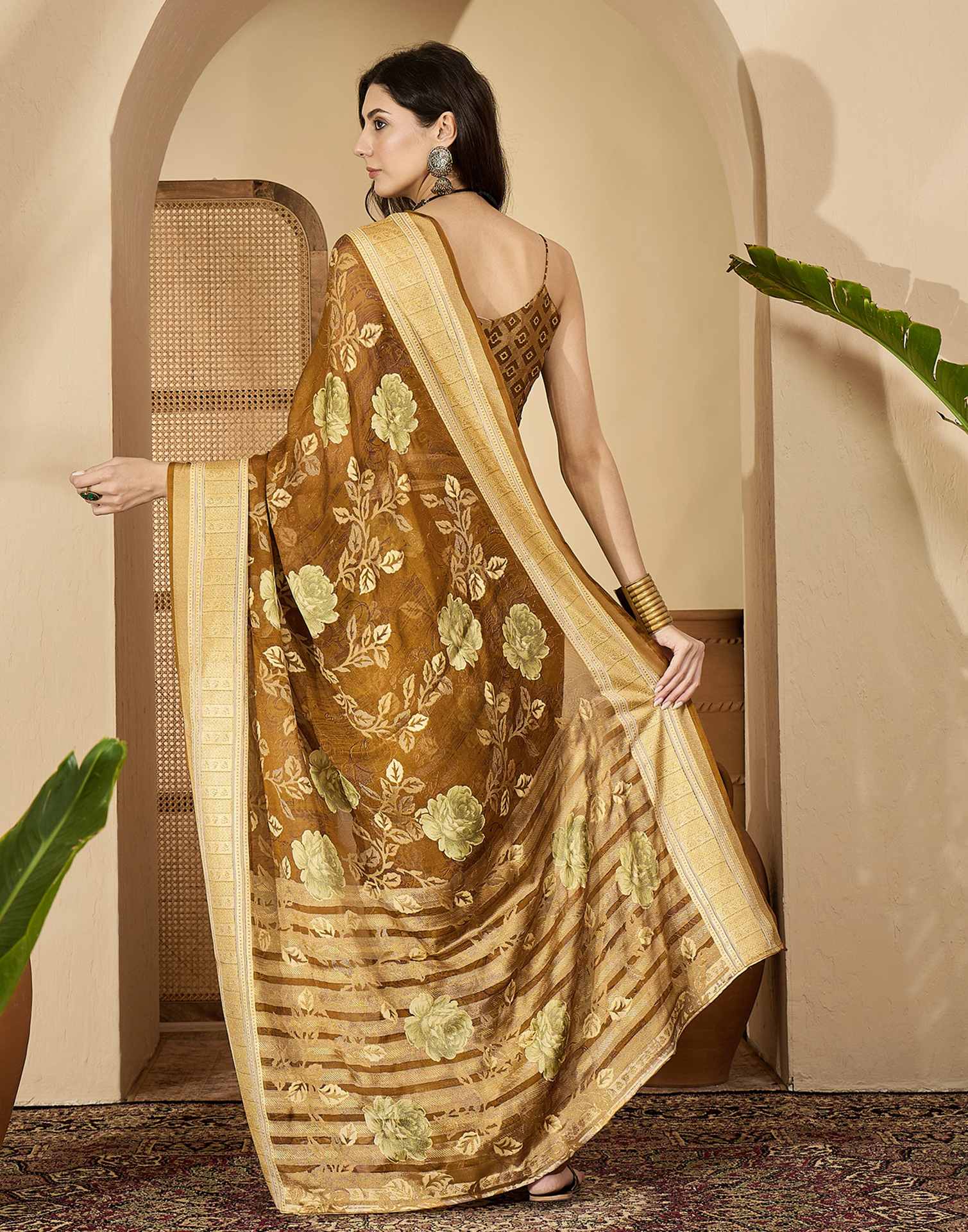 Brown Georgette Floral Printed Saree