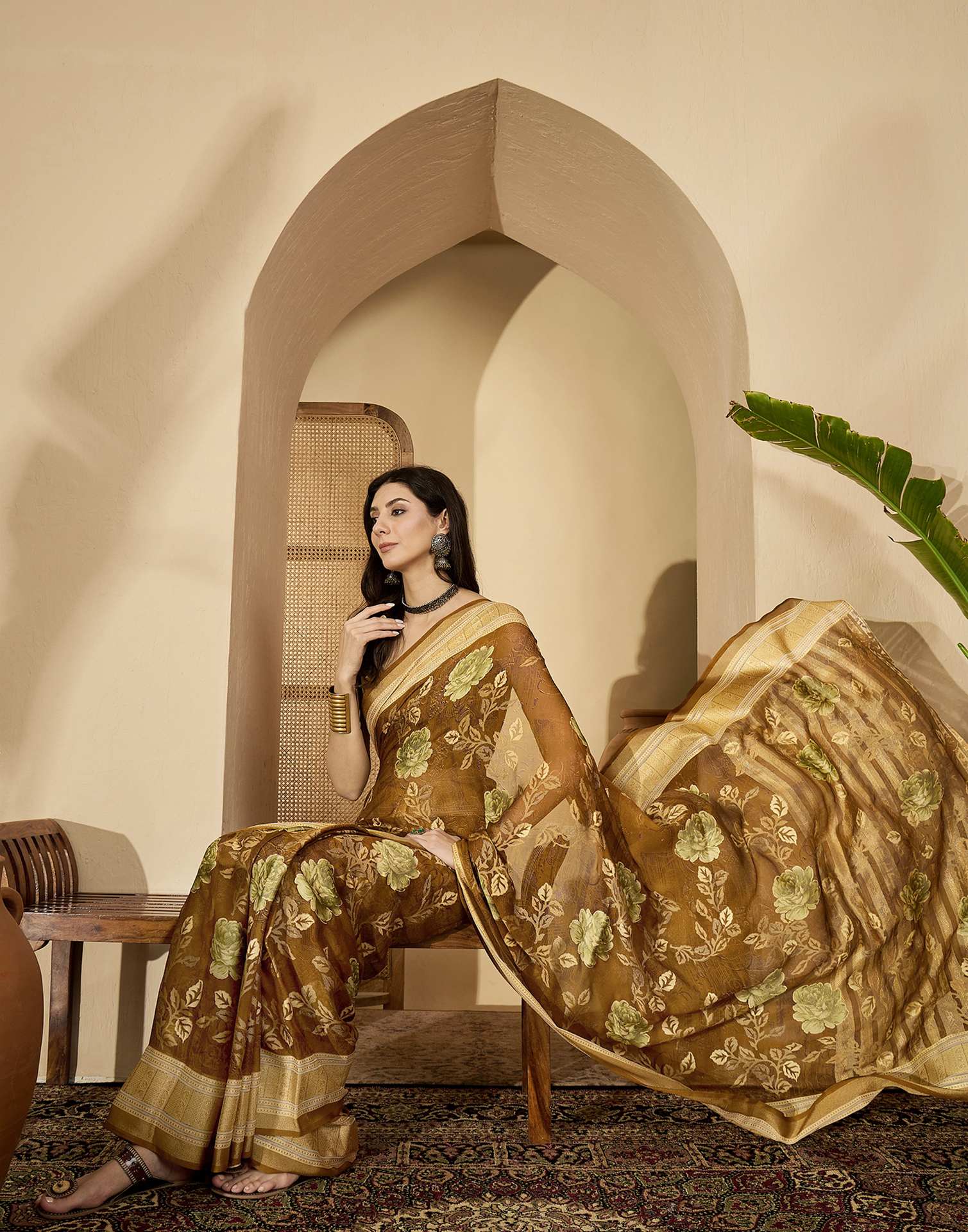 Brown Georgette Floral Printed Saree