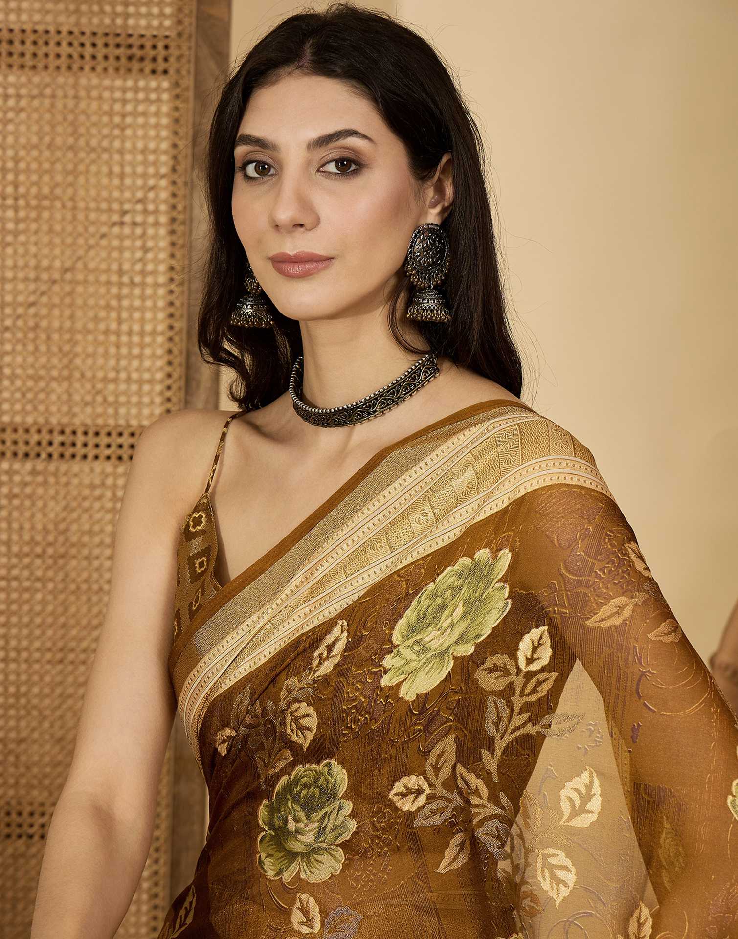 Brown Georgette Floral Printed Saree