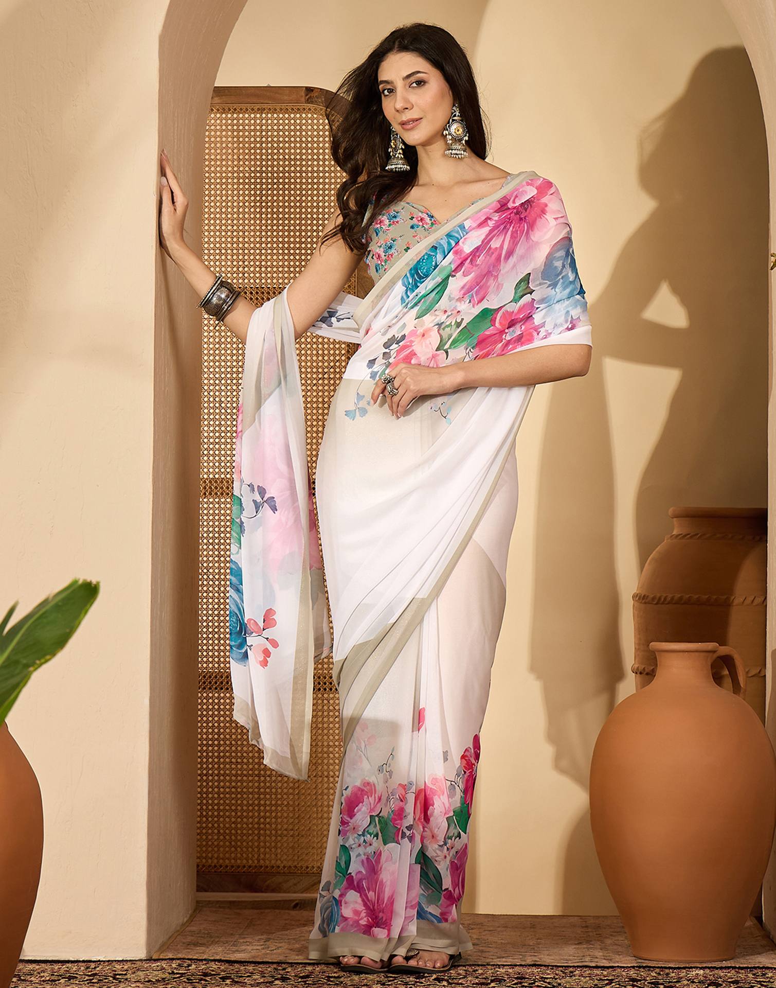 Off White Georgette Floral Printed Saree