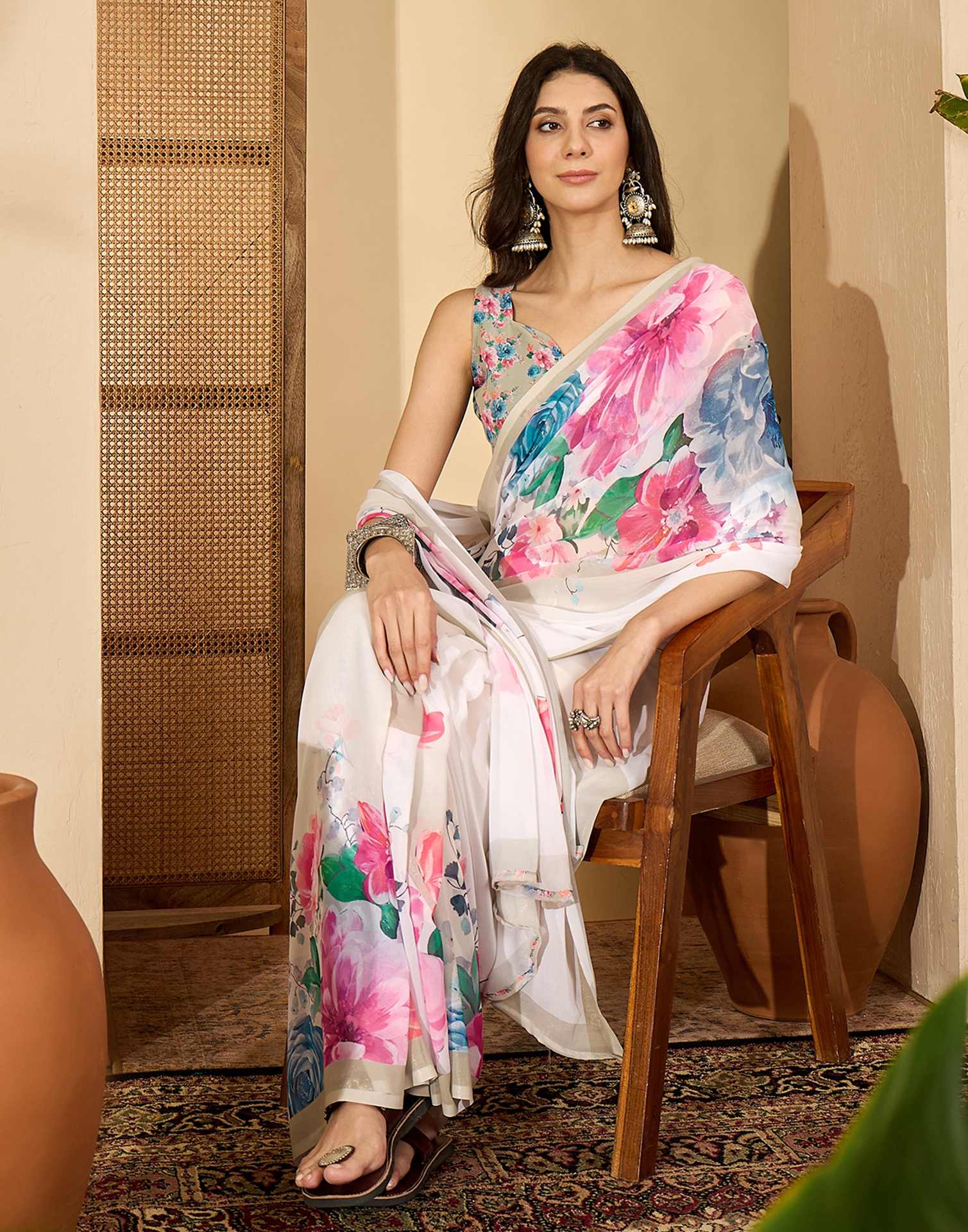 Off White Georgette Floral Printed Saree