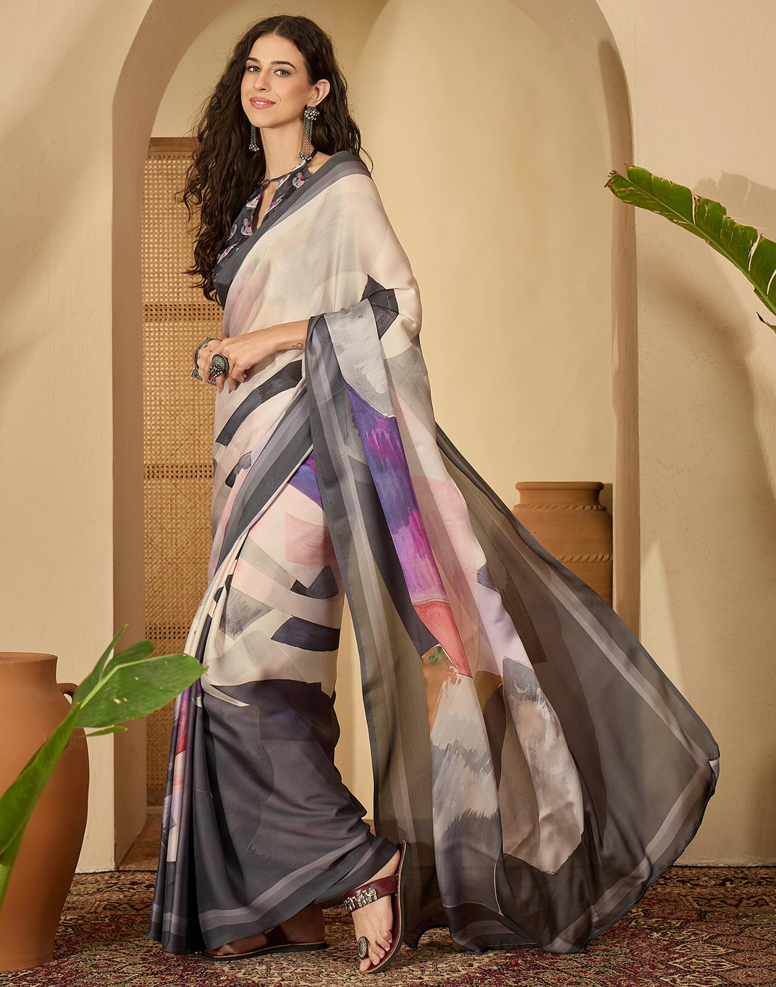 Off White Satin Printed Saree