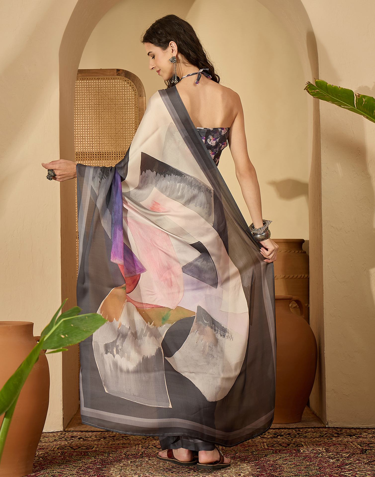 Off White Satin Printed Saree