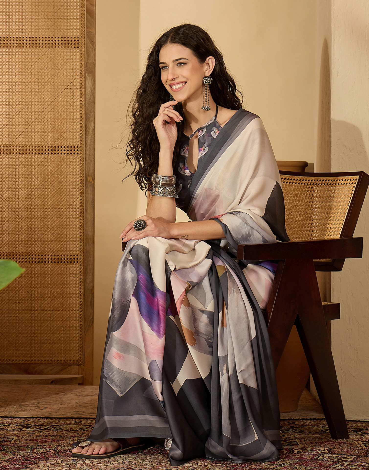 Off White Satin Printed Saree