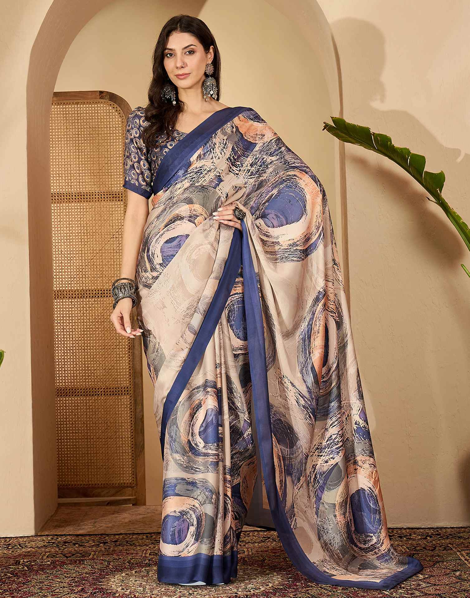 Peach Satin Printed Saree