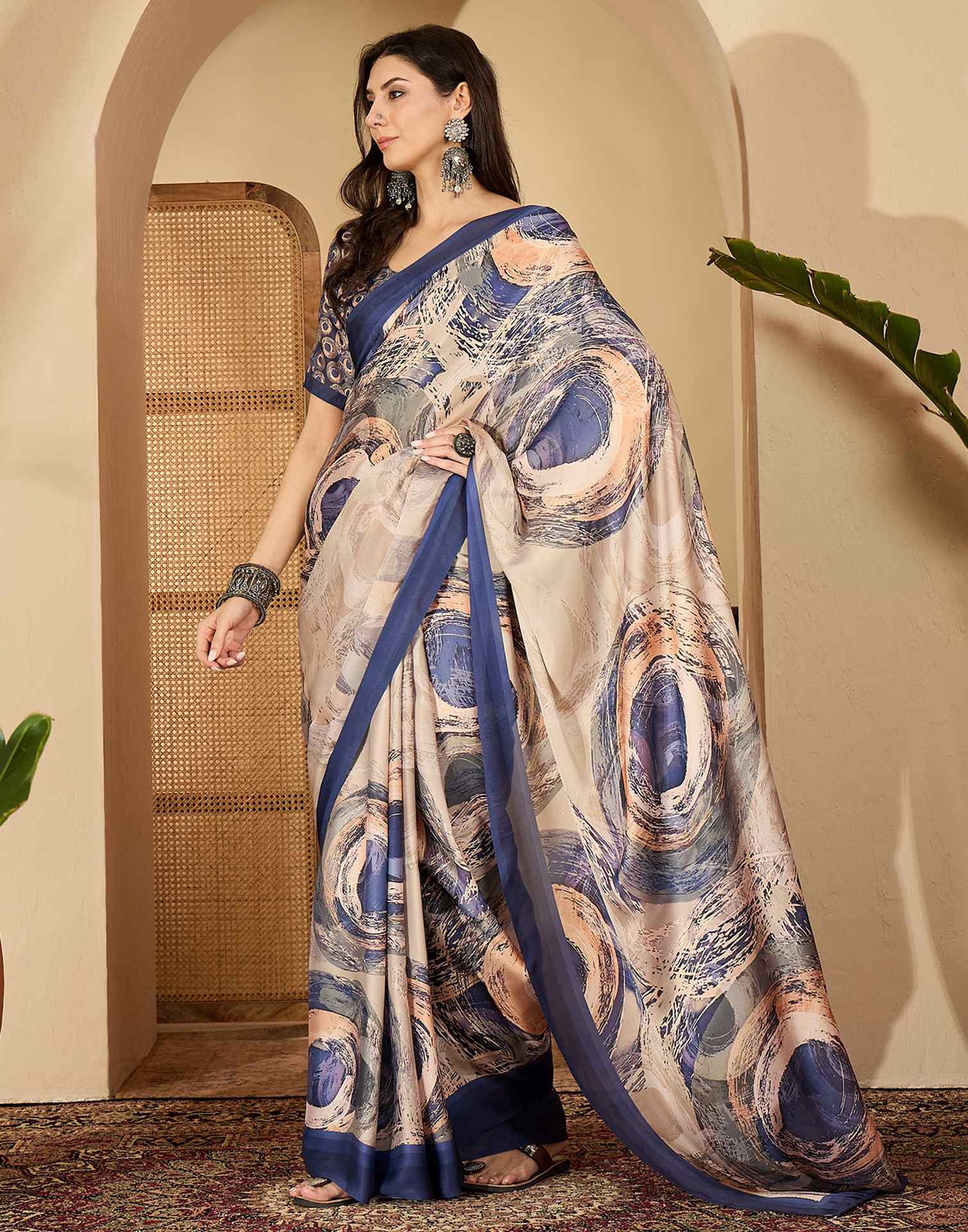 Peach Satin Printed Saree