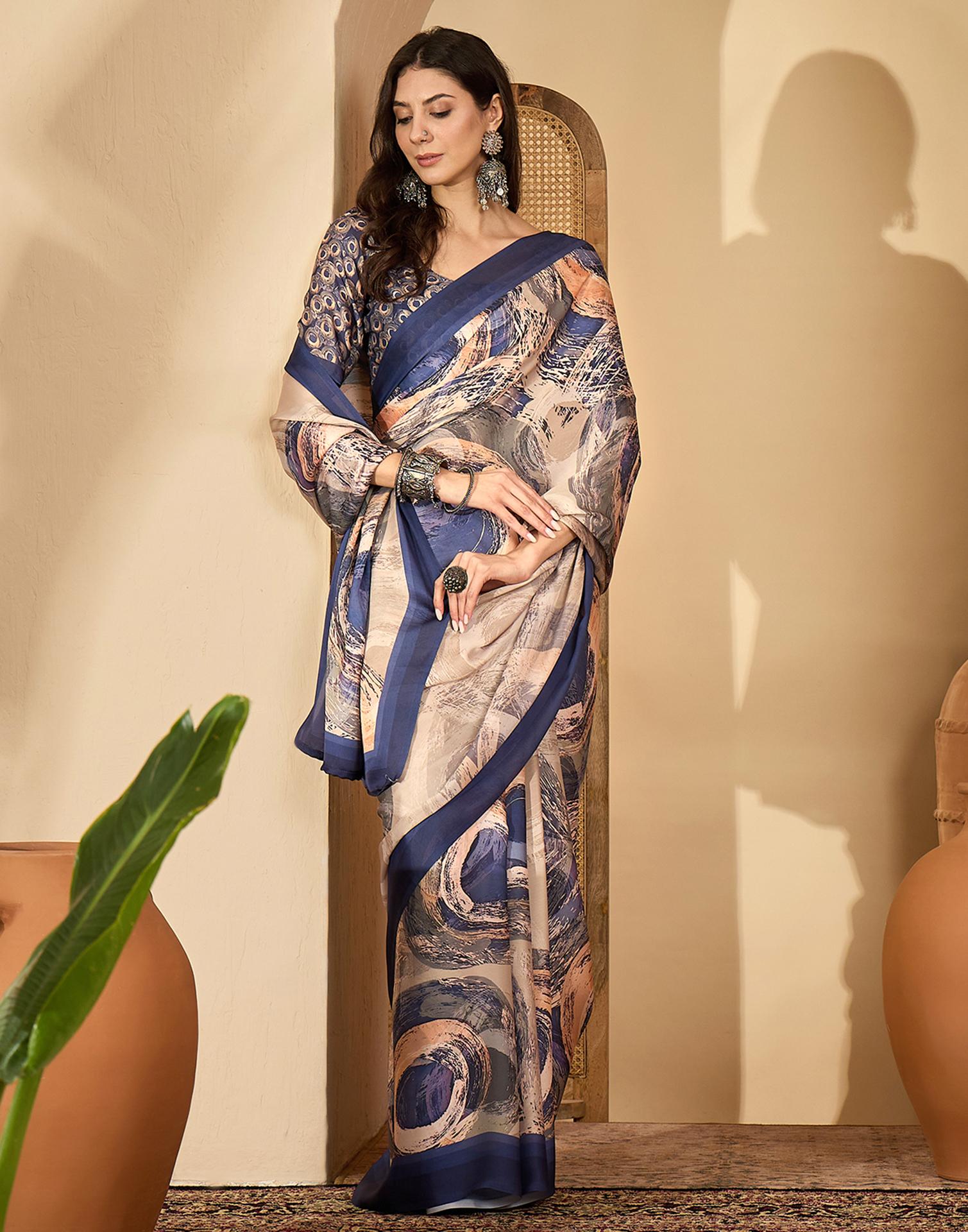 Peach Satin Printed Saree