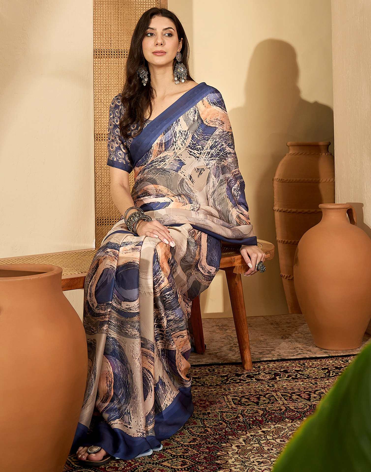 Peach Satin Printed Saree