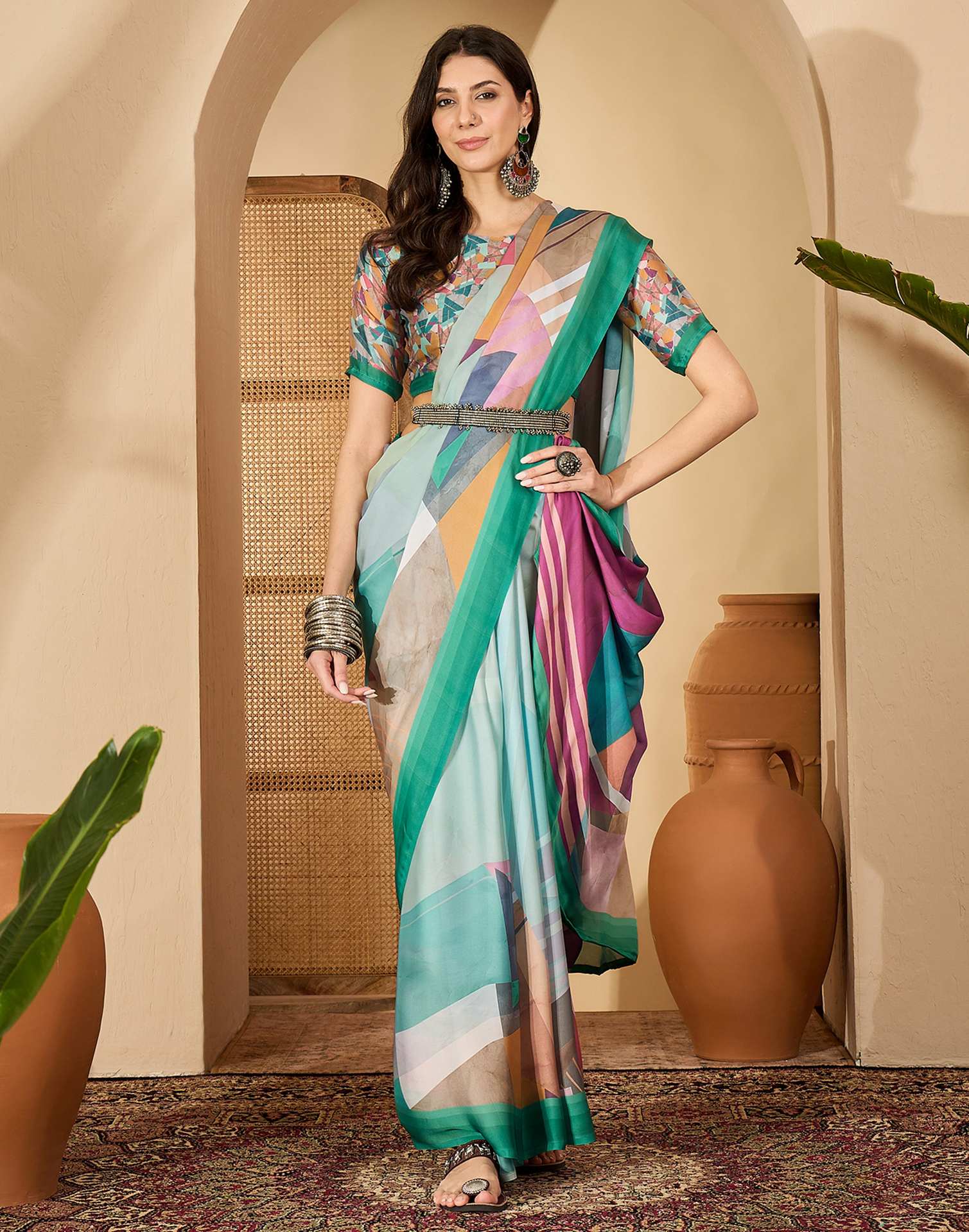 Light Turquoise Satin Printed Saree