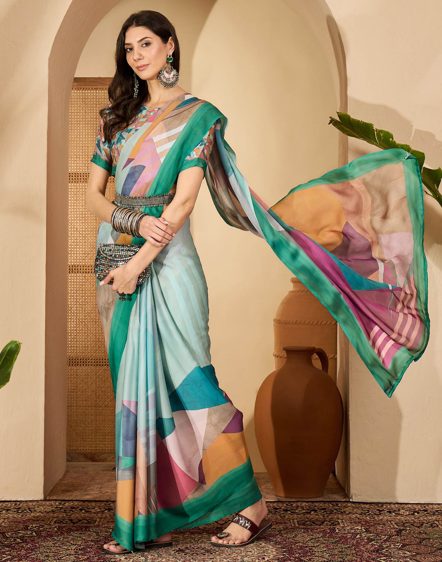 Light Turquoise Satin Printed Saree