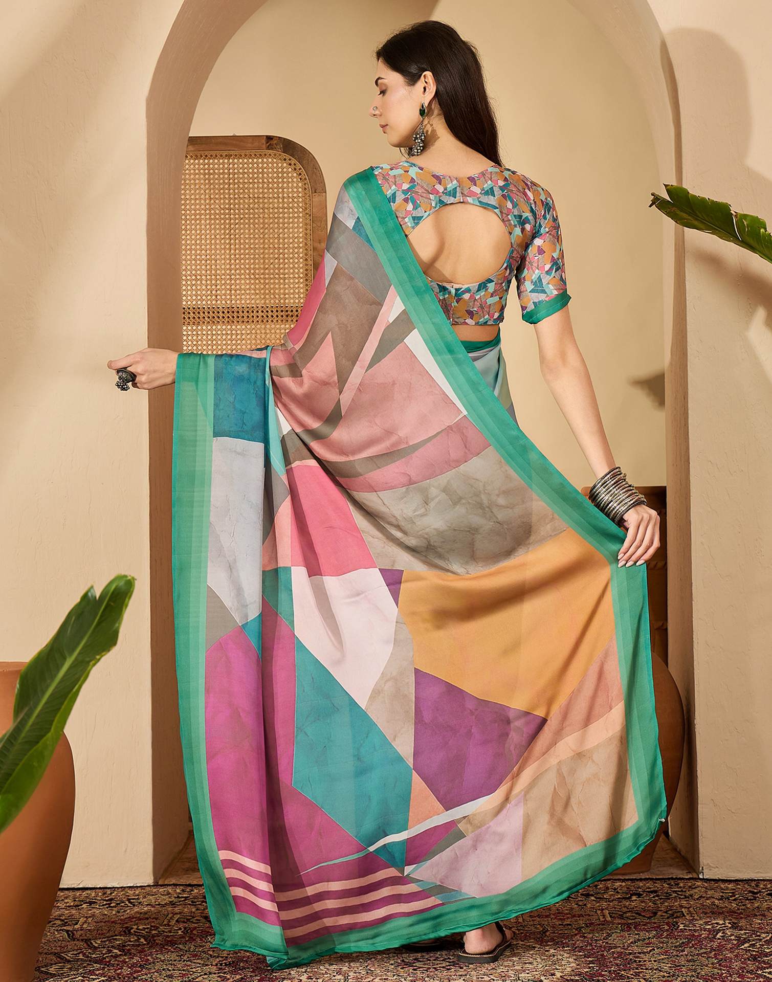 Light Turquoise Satin Printed Saree
