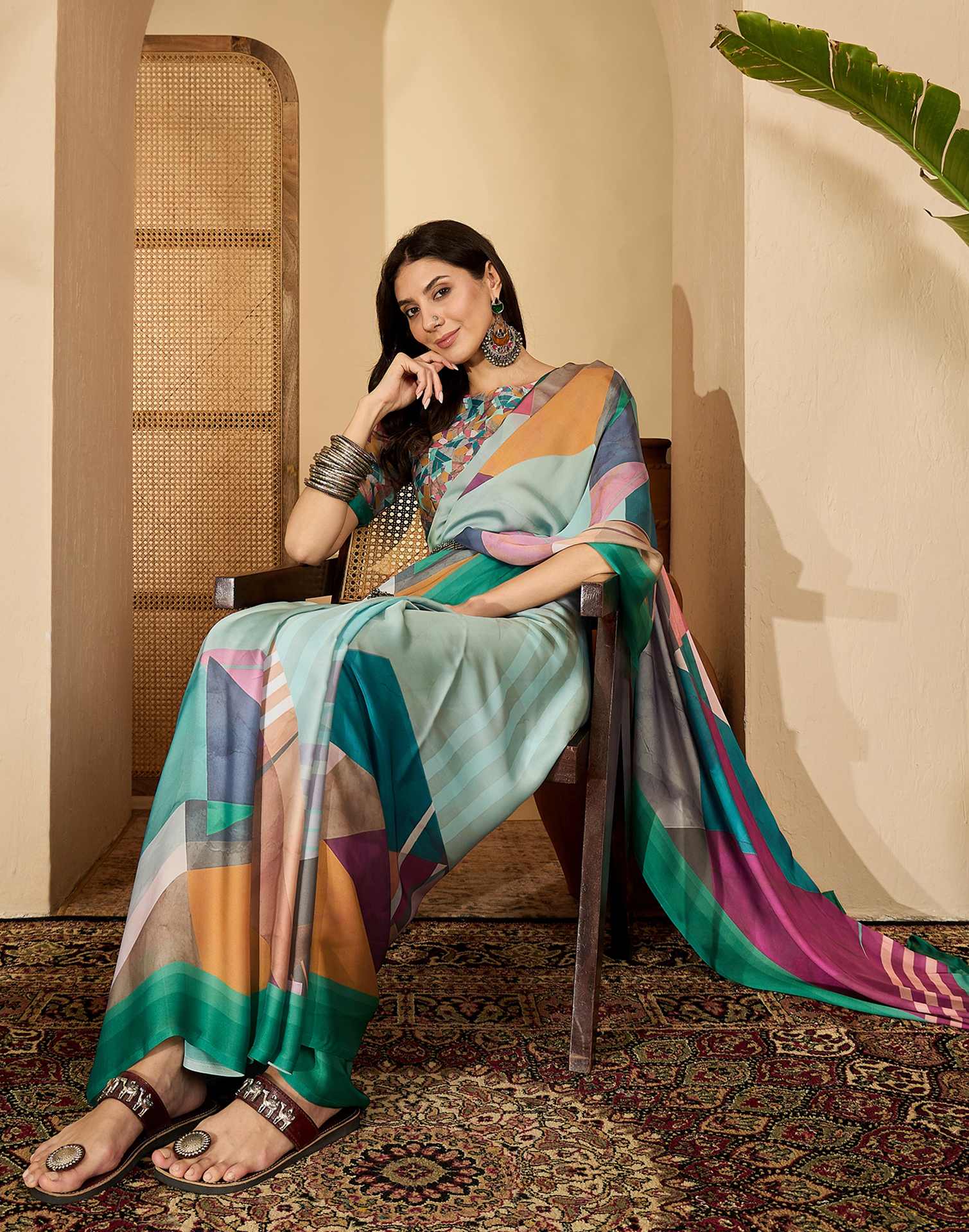 Light Turquoise Satin Printed Saree