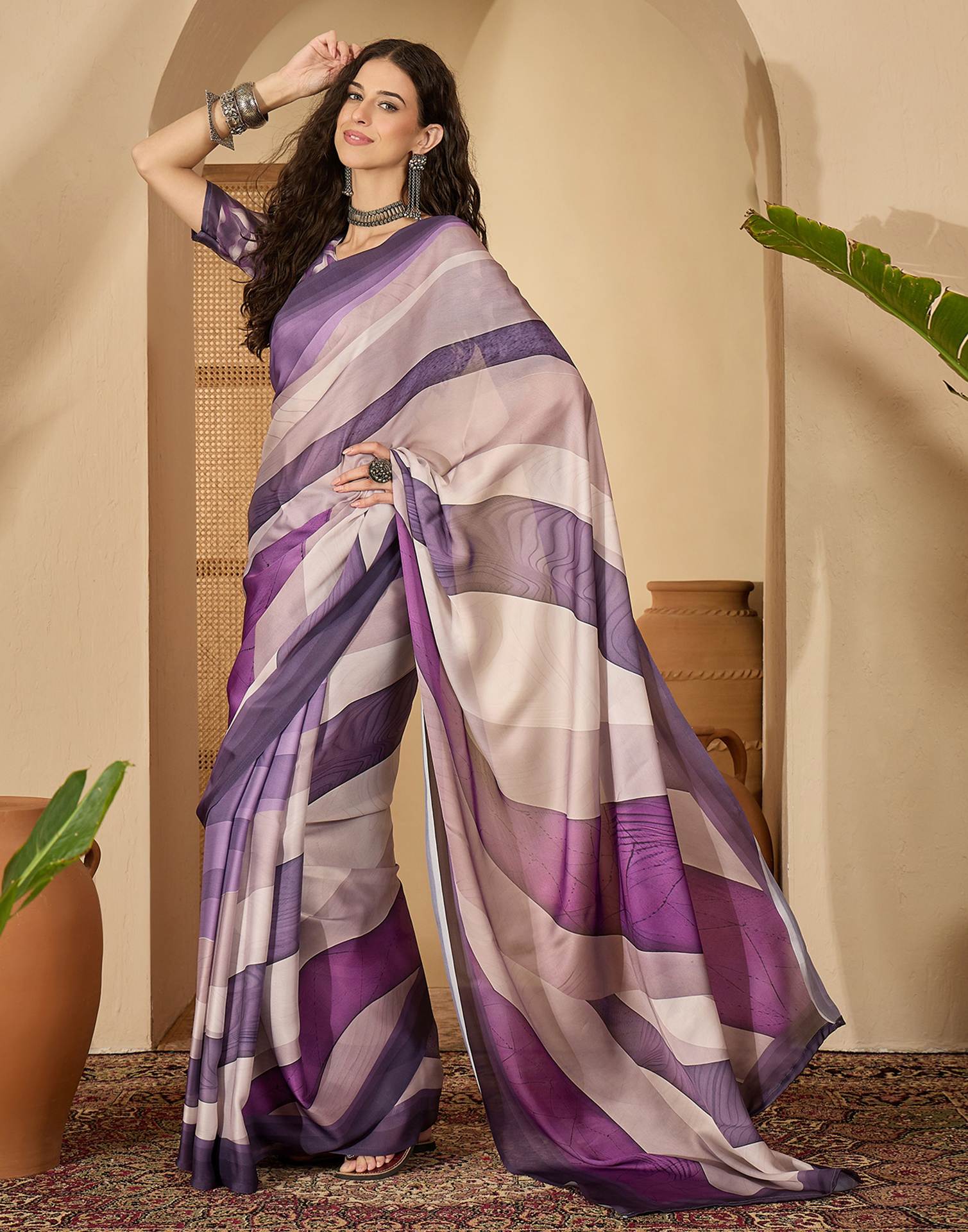 Lavender Satin Printed Saree